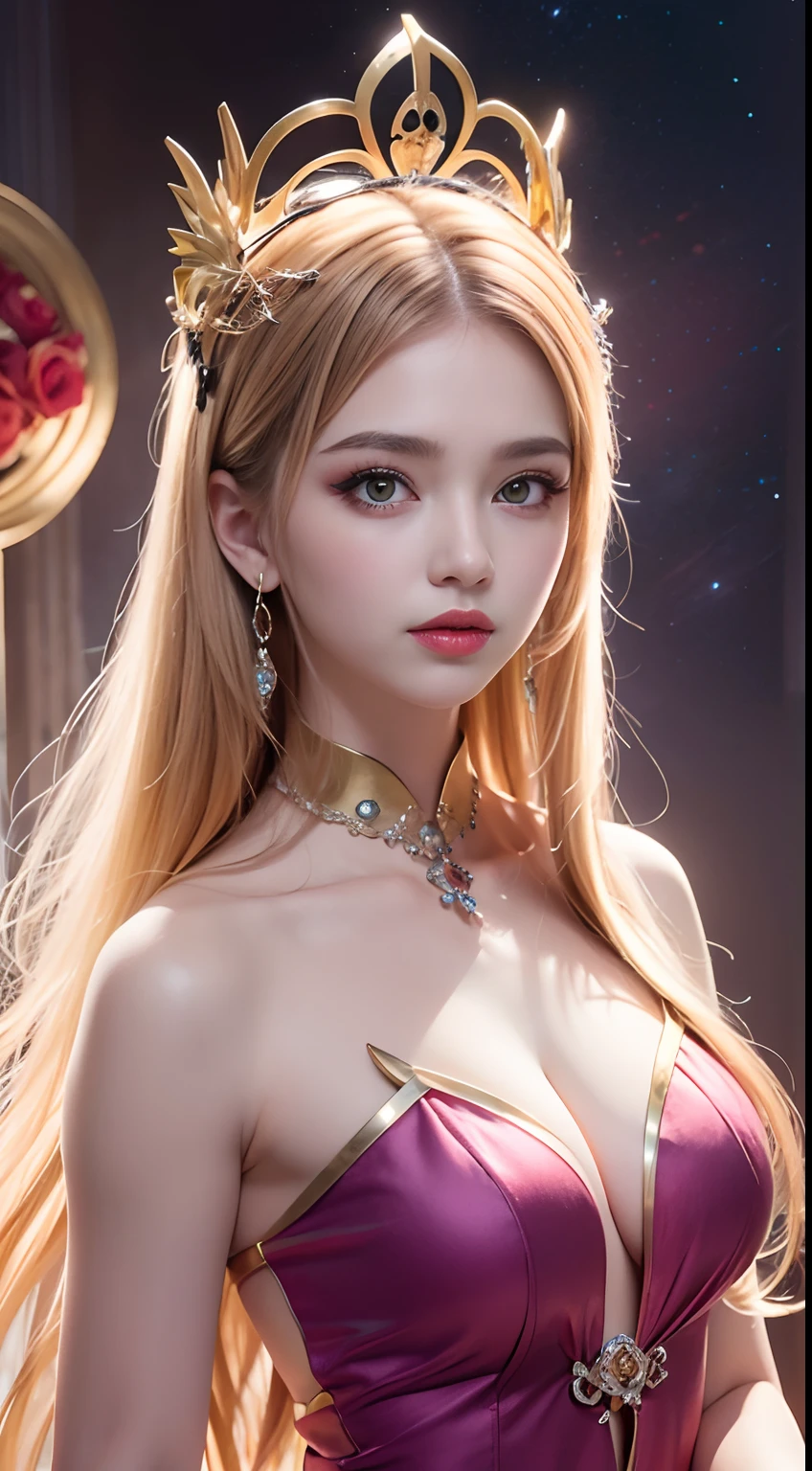 1 27-year-old girl, 1 zodiac goddess from the future, goddess of the pink and purple 12 zodiacs, the goddess of the zodiac in a yellow ao dai, a 12 zodiac ao dai with many black lace detail, mythology Goddess of the 12 zodiacs from the future, zodiac ♏, luxurious glittering zodiac style, dark and mysterious version, zodiac crown, lipstick lips red, thin and beautiful lips, mouth closed, characters made by karol bak and pino daeni, intricate detail, detailed background, extremely detailed, light magic, a woman, clear face, look at the face of goddess zodiac look at the zodiac goddess face, hair long with bangs, beautiful face in detail and well-proportioned eyes, (transparent yellow eyes: 1.8), big round eyes and very beautiful and detailed makeup, foresight, silk dress, mysterious makeup , double bangs and dyed light blonde, upper body, zodiac goddess upper body, arms hanging loosely, Realistic and vivid photo, (stars make up the zodiac: 1.7), (sky background zodiac and fictitious space and time portal: 1.8), fiction art, RAW photo, hanfu picture, best photo, high_res, best quality, best photo quality, 8k quality, 8k ultra, super realistic, real photo most economical, artistic portrait of goddess zodiac, single portrait of 1 zodiac goddess, The most realistic color scheme, the best photo color, masterpiece, hair ornament, necklace, jewelry, Beautiful face, upon body, tyndall effect, photo realistic, dark studio, rim lighting, two tone lighting, (high detailed skin:1.2), 8k uhd, dslr, soft lighting, high quality, volumetric lighting, candid, Photograph, high resolution, 4k, 8k, Bokeh,