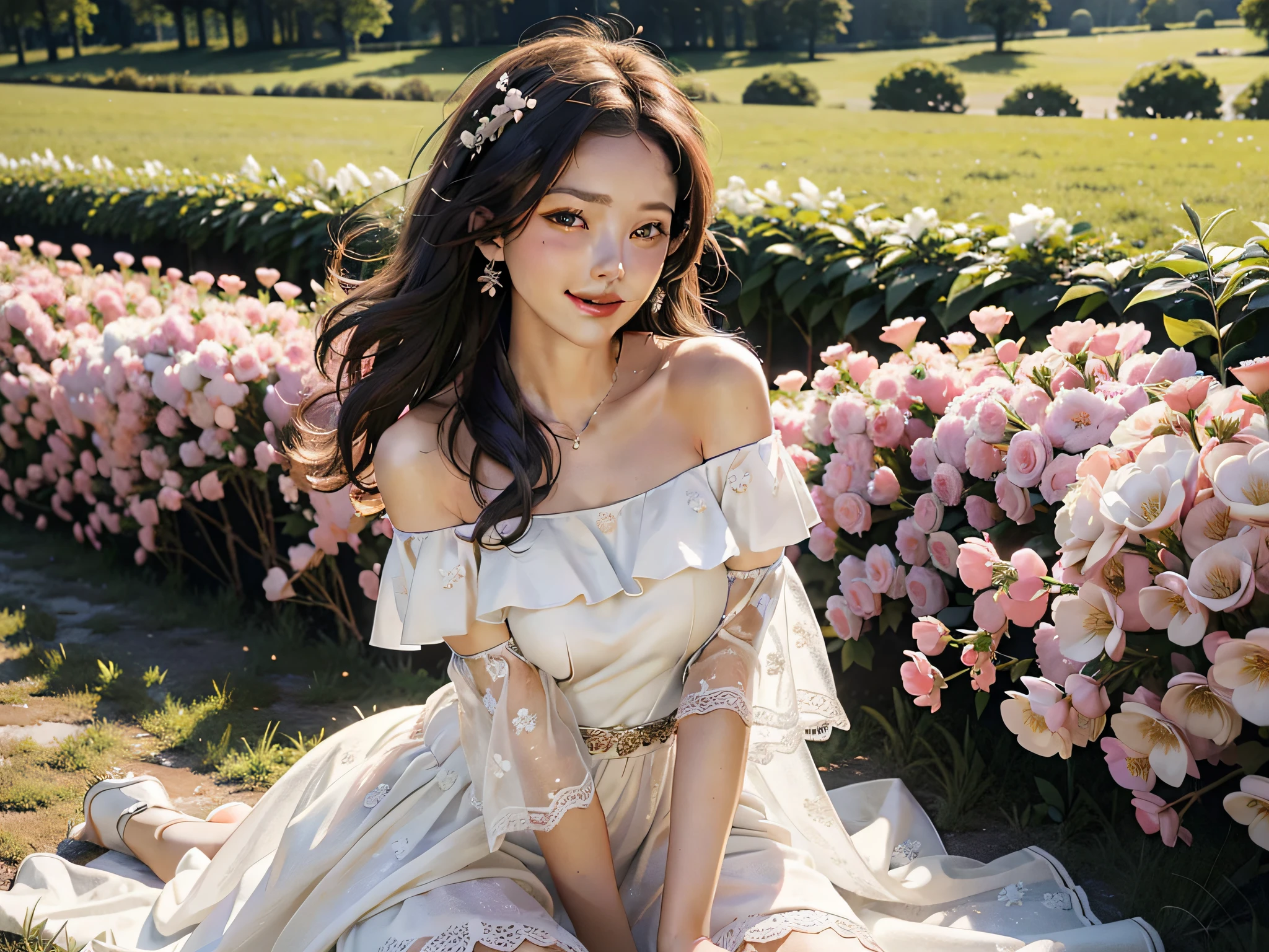 Best quality, masterpiece, ultra high res, (photorealistic:1.4), raw photo, 1girl, white dress, off shoulder, blossom flower field, glowing skin, light smile