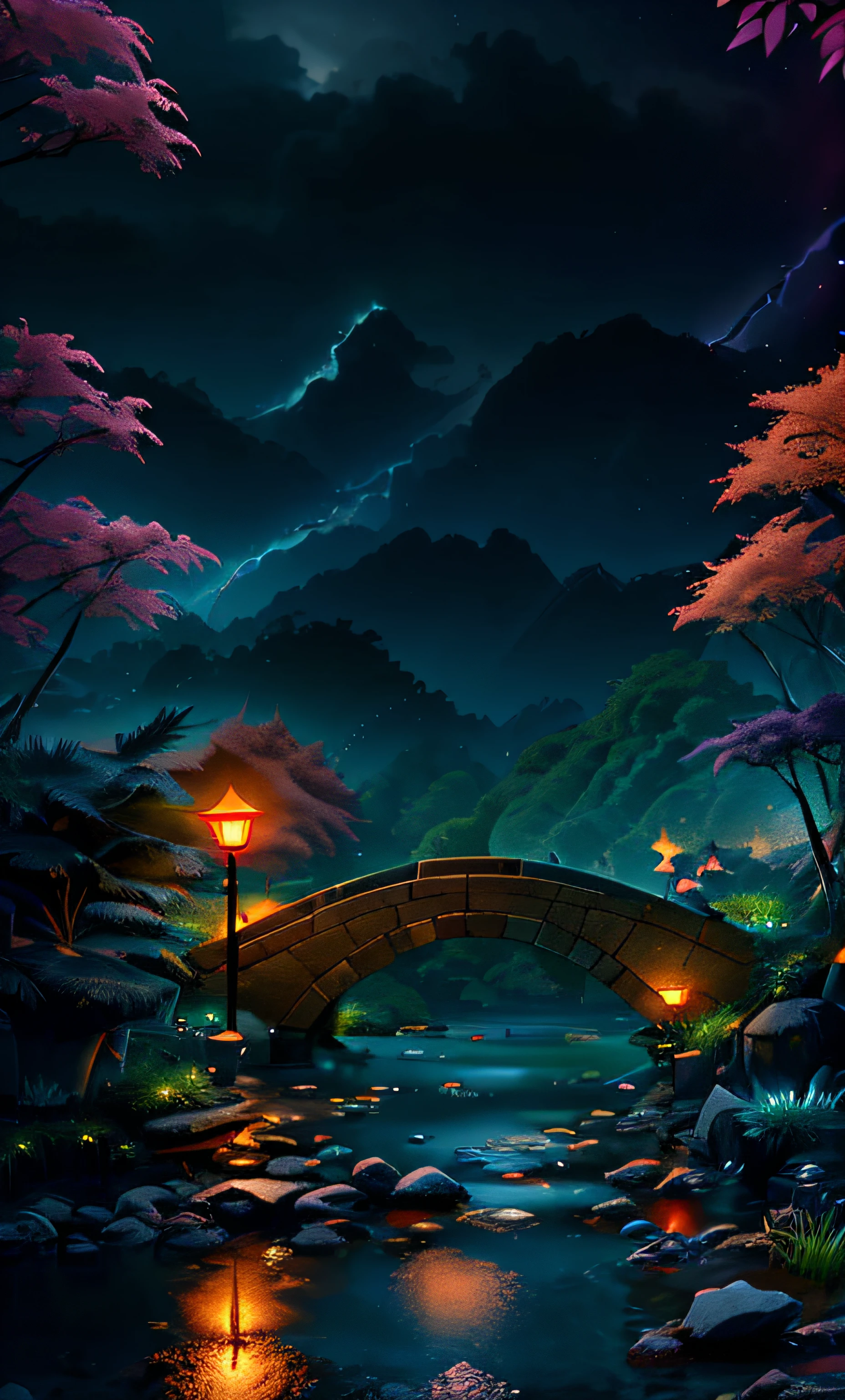 ((diffuse colors)) Ancient Chinese architecture, cool colors, dark night, moon, garden, bamboo, lake, stone bridge, rockery, arch, corner, tree, running water, landscape, outdoor, waterfall, grass, rock, intense rainfall, thunderstorm, vines all around, giant and wet trees, with glowing leaves in the trees, glowing fireflies and glowing particle effects, masterpiece, best quality, high quality, extremely detailed CG unity 8k wallpaper, oil paiting, award winning photography, Bokeh, Depth of Field, HDR, bloom, ,Photorealistic,extremely detailed, trending on artstation, trending on CGsociety, Intricate, High Detail, dramatic, art by midjourney, volumetric lighting