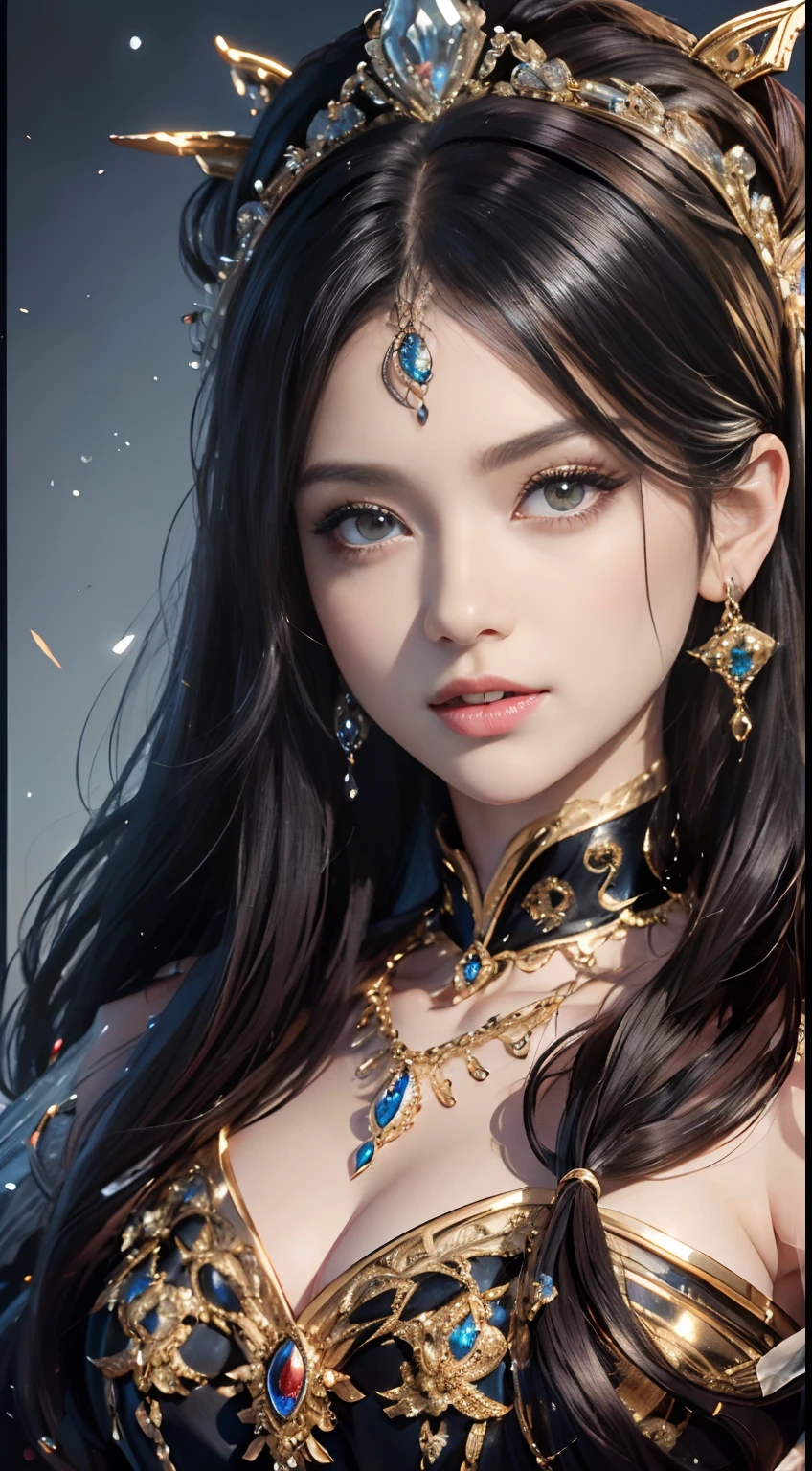 tmasterpiece，Highest image quality，Beautiful bust of a royal lady，Delicate black hairstyle，Amber eyes are clear，Embellished with a dazzling array of intricate jewelry，super detailing，upscaled。