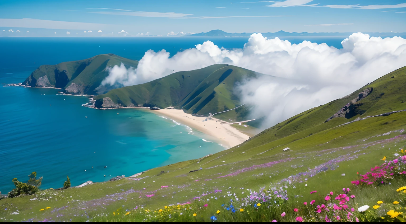 8K HD quality，aerial shot，Blue skies，There are many large white clouds，sexy beauty，in a sunbeam，Dressed in bright clothes，Sense of character，Bigchest，Stand beautifully，Blowing the sea breeze，The waves on the sea are blooming one after another，Flowers all over the mountains，Wildflowers are dense，