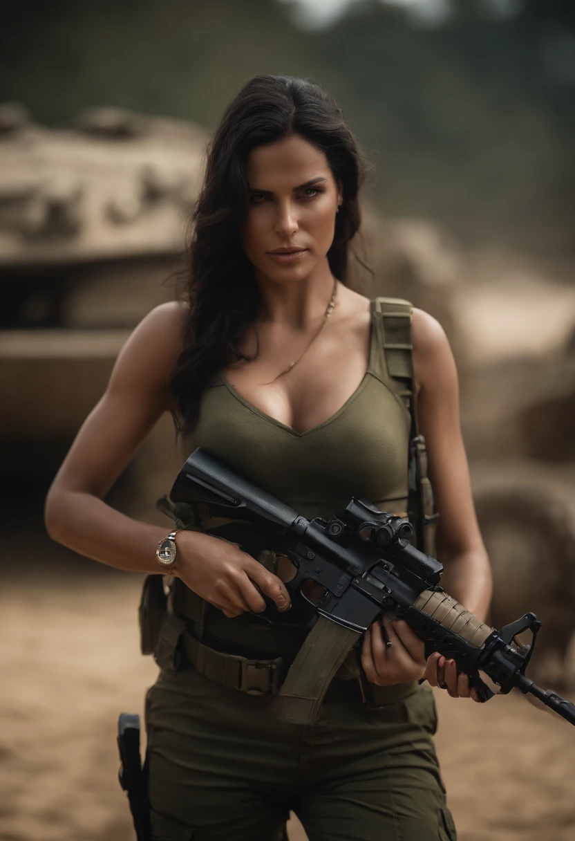 Gere uma imagem da personagem Mara, also known as 'Mara Death Dealer', do jogo Call of Duty: Guerra moderna.  corpo inteiro, fisionomia cruel, Micro Bikini Uniforme de Batalha, cor vermelha e preta, Detalhes em ouro, na praia, sol poente, palmeiras, corpo escultural, flowing hair, metralhadoras, armas, Fuzil AK-47, Granadas, gold accessories)) Standing in a tank