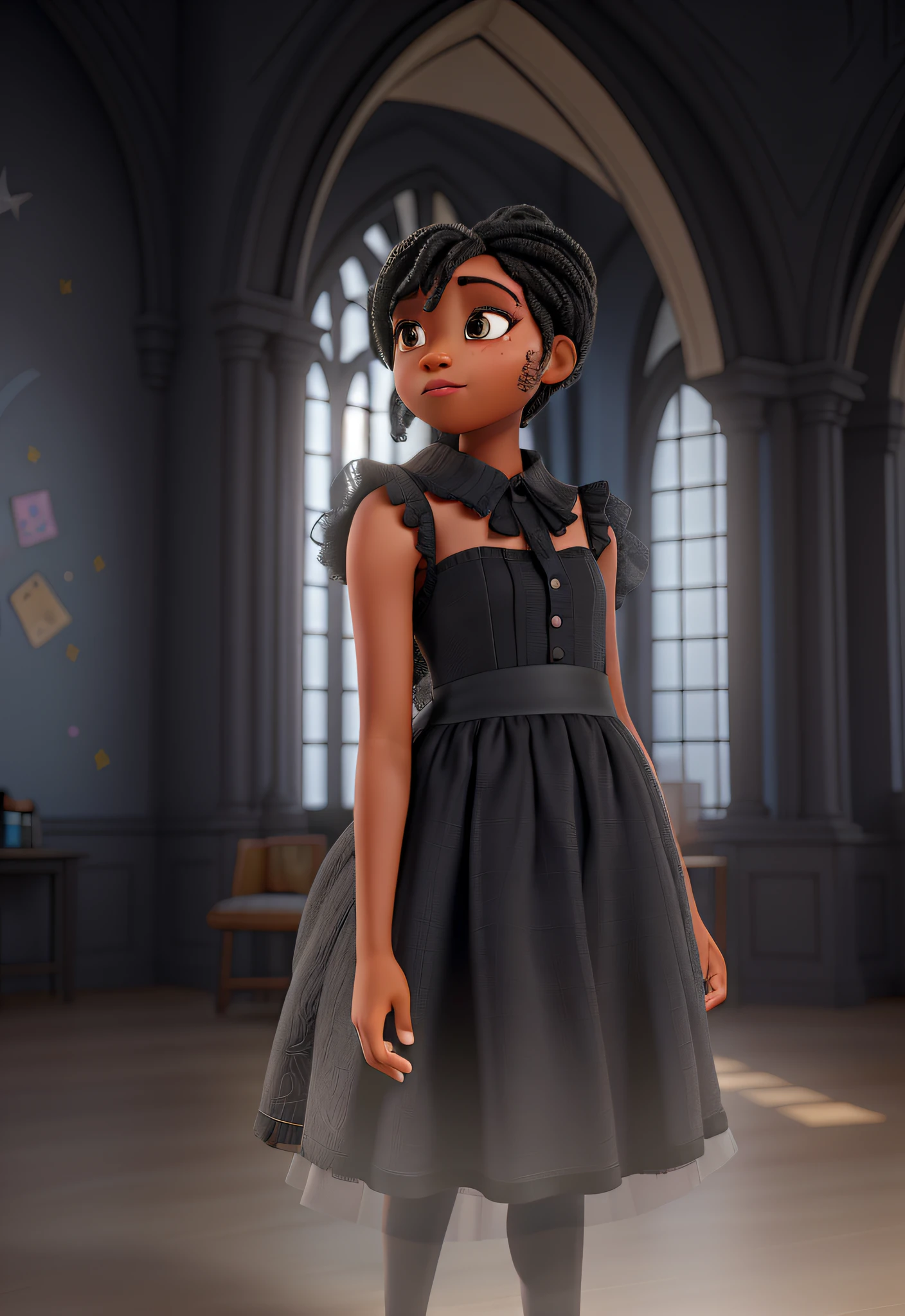 A girl with black skin, in a black dress Wednesday Falimia Adams style, Disney Pixar style, high quality, best quality