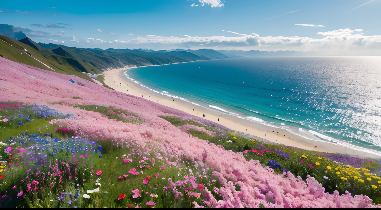 8K HD quality,aerial shot,Blue skies,There are many large white clouds,sexy beauty,in a sunbeam,Dressed in bright clothes,Sense of character,Bigchest,Stand beautifully,Blowing the sea breeze,The waves on the sea are blooming one after another,Flowers all over the mountains,Wildflowers are dense,