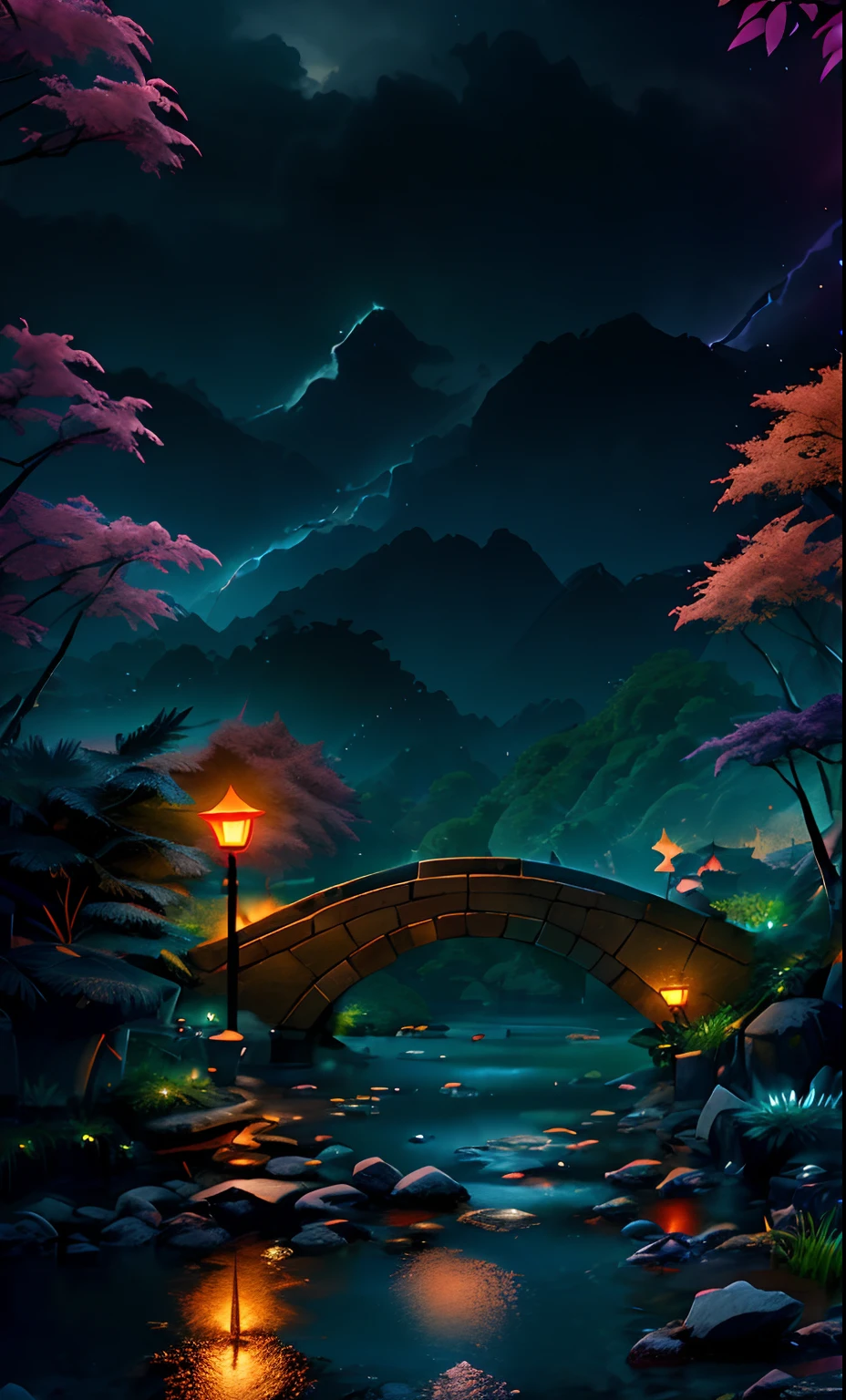 ((diffuse colors)) Ancient Chinese architecture, cool colors, dark night, moon, garden, bamboo, lake, stone bridge, rockery, arch, corner, tree, running water, landscape, outdoor, waterfall, grass, rock, intense rainfall, thunderstorm, vines all around, giant and wet trees, with glowing leaves in the trees, glowing fireflies and glowing particle effects, masterpiece, best quality, high quality, extremely detailed CG unity 8k wallpaper, oil paiting, award winning photography, Bokeh, Depth of Field, HDR, bloom, ,Photorealistic,extremely detailed, trending on artstation, trending on CGsociety, Intricate, High Detail, dramatic, art by midjourney, volumetric lighting