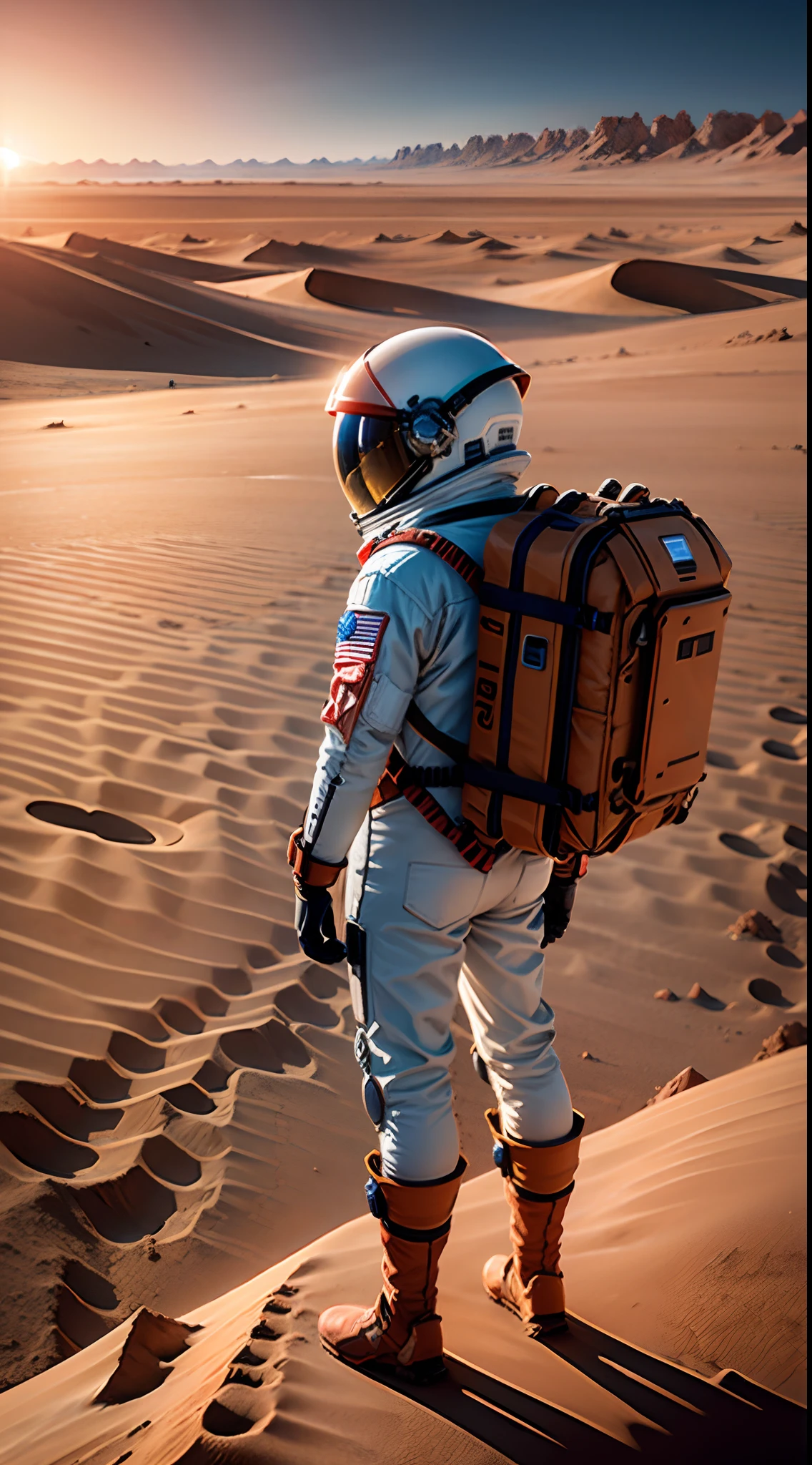 mars astronaut standing on dune looking out over dusty landscape, spaceship on horizon, photorealistic, high resolution
