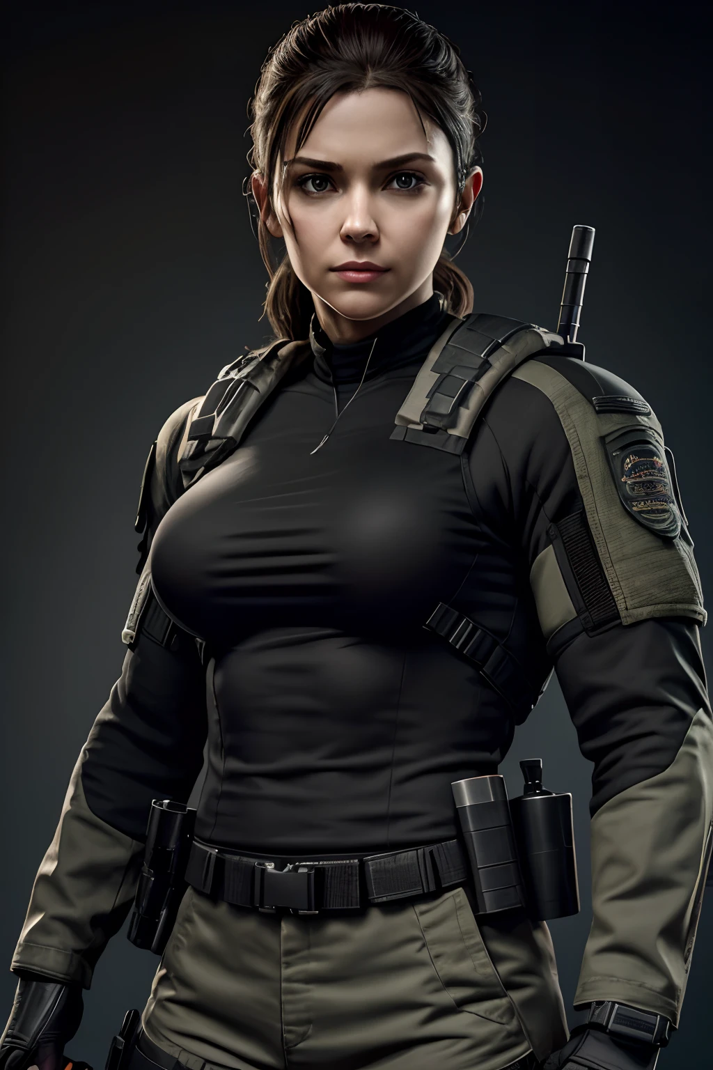 1 Girl, solo, 30 year old, Chris Redfield, Caucasian, wearing grey T-shirt, smirks, black color on the shoulder and a bsaa logo on the shoulder, military tactical suit, tall, breasts, bust,  high resolution:1.2, upper body shot, no background.