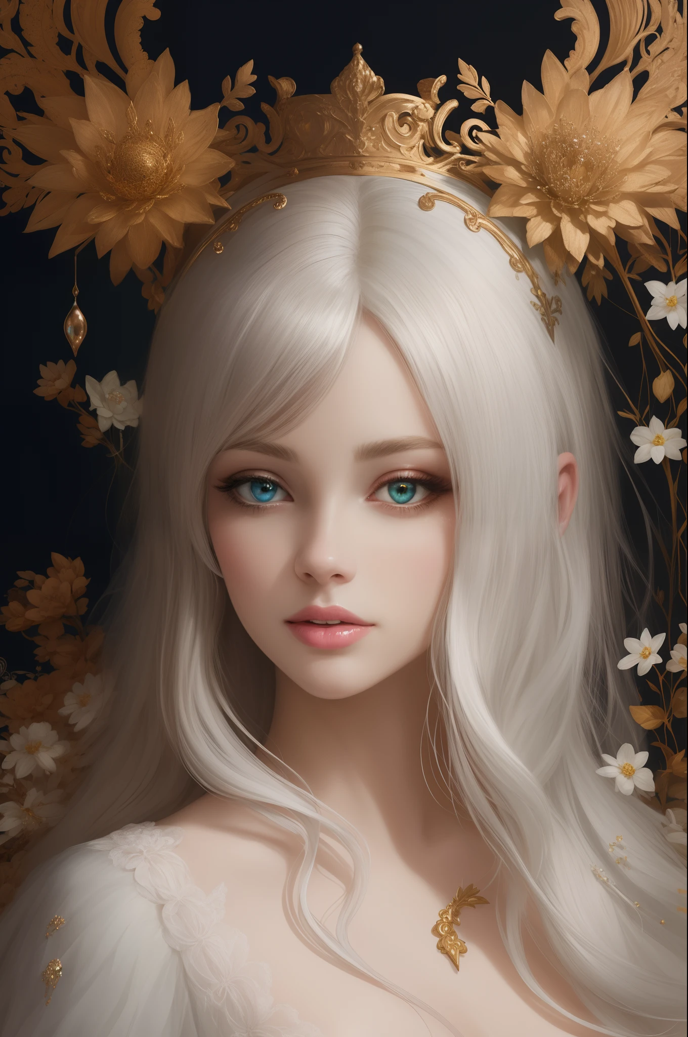((gorgeous princess)), (with long flowing white hair), (bright and beautiful eyes), trending on Art Station, flower of hope by Jean-Honor Fragonard, Peter mohrbacher, super detailed, crazy details , stunning sophisticated elite art nouveau ornate liquid wax elegant luxurious greg rutkowski ink style sticker vector art beautiful character design double exposure shot luminous design, winning entry, masterpiece, amoled black background,