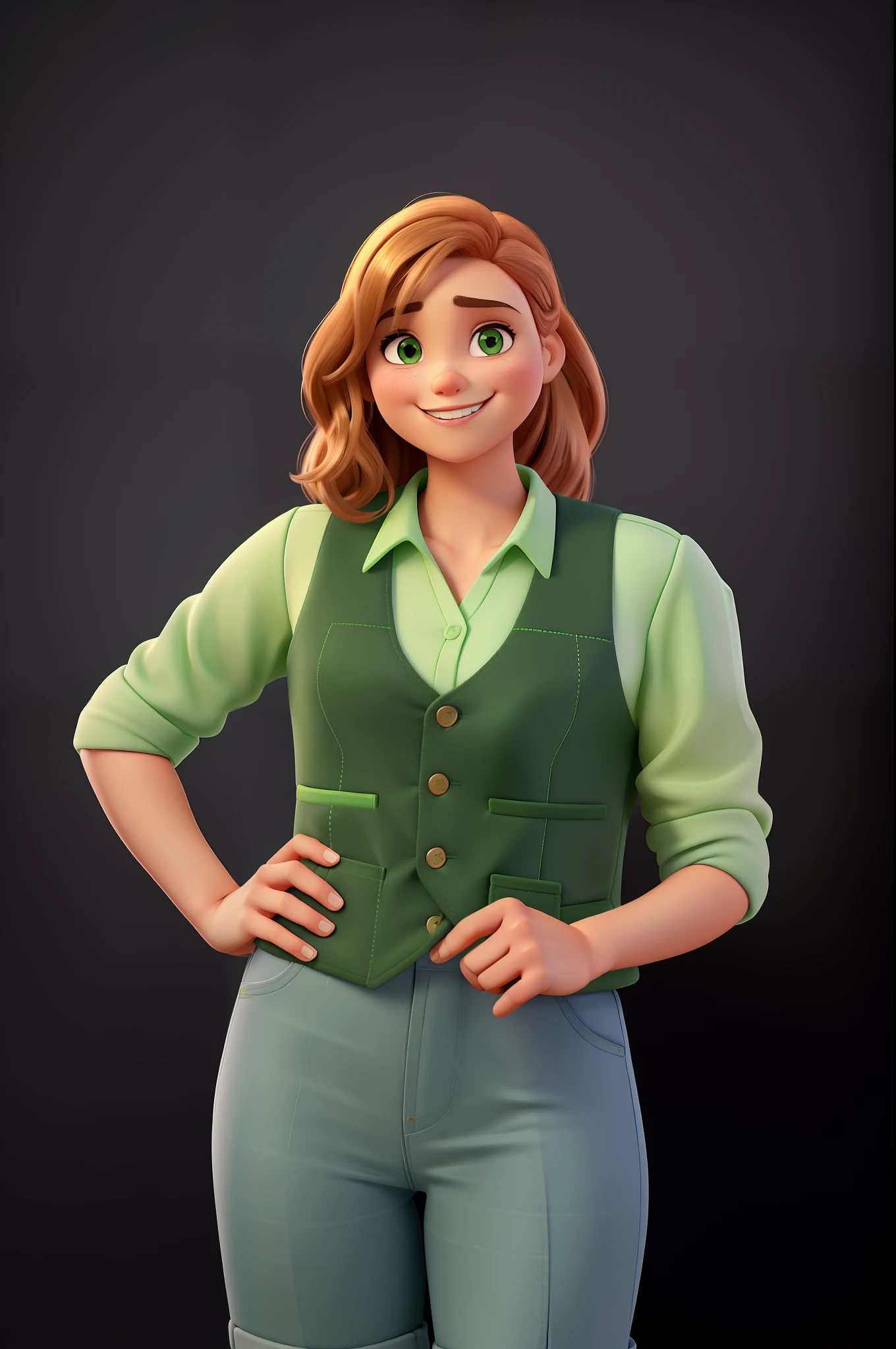 Uma mulher sorridente estilo Disney pixar, em camisa verde e colete verde posando para uma foto, retrato promocional, imagem promocional, foto profissional bem iluminada, foto comercial, fotografia headshot, Roxie Vizcarra, cindy avelino, Retrato de Darna moderno, imagemu promocional, foto de uma modelo, fotografia promocional, foto headshot, model is wearing techtical vest, foto promocional, foto profissional fina