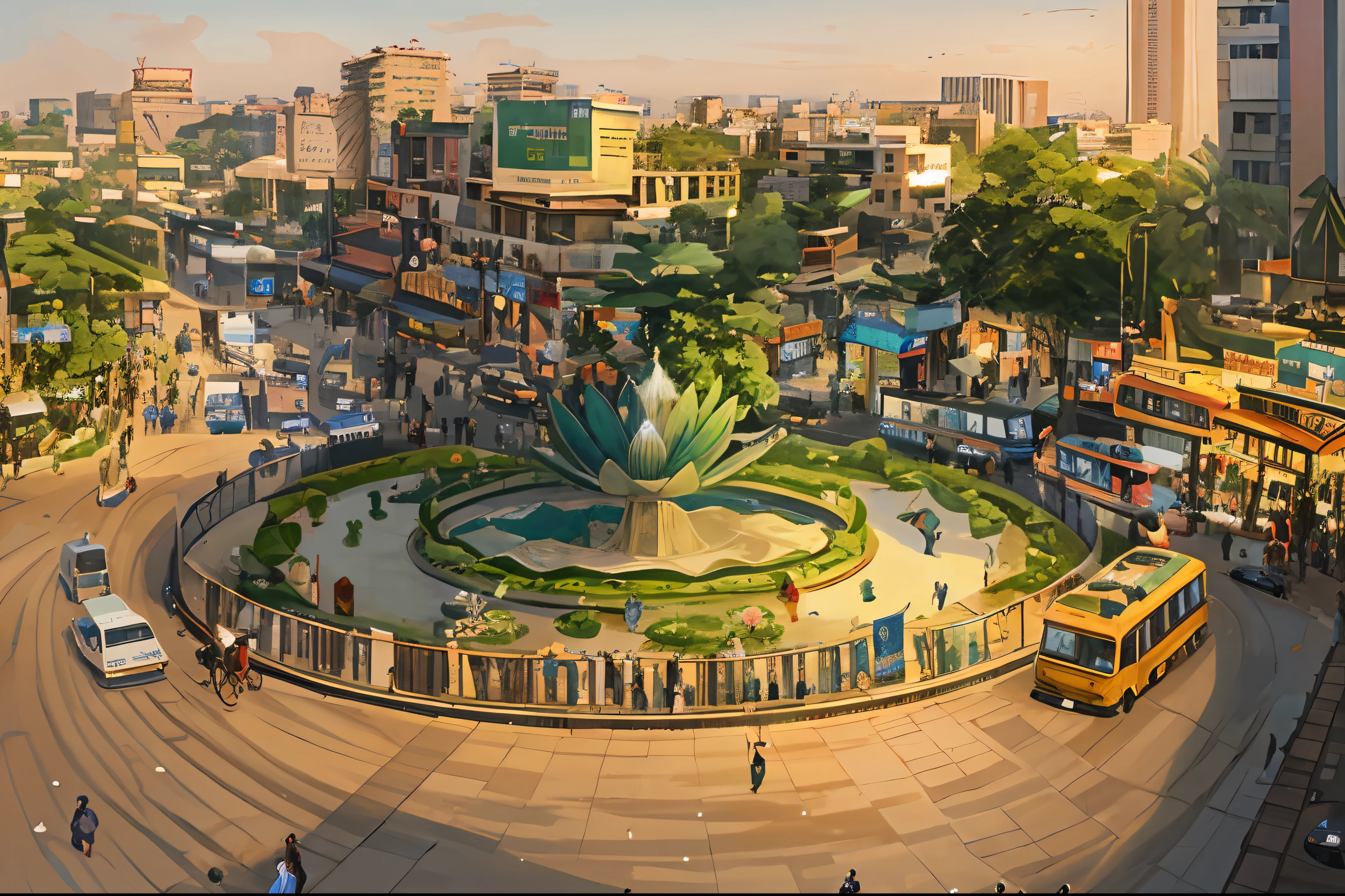 araffature view of a busy city street with a fountain and buses, dhaka traffic, bangladesh, bangalore, futuristic phnom-penh cambodia, old dhaka, very busy place, stunning visual, giant lotus mandala, the city is full of green plants, beautiful image, above view, flowers around, stunning image, breathtaking look, calcutta, a wide full shot