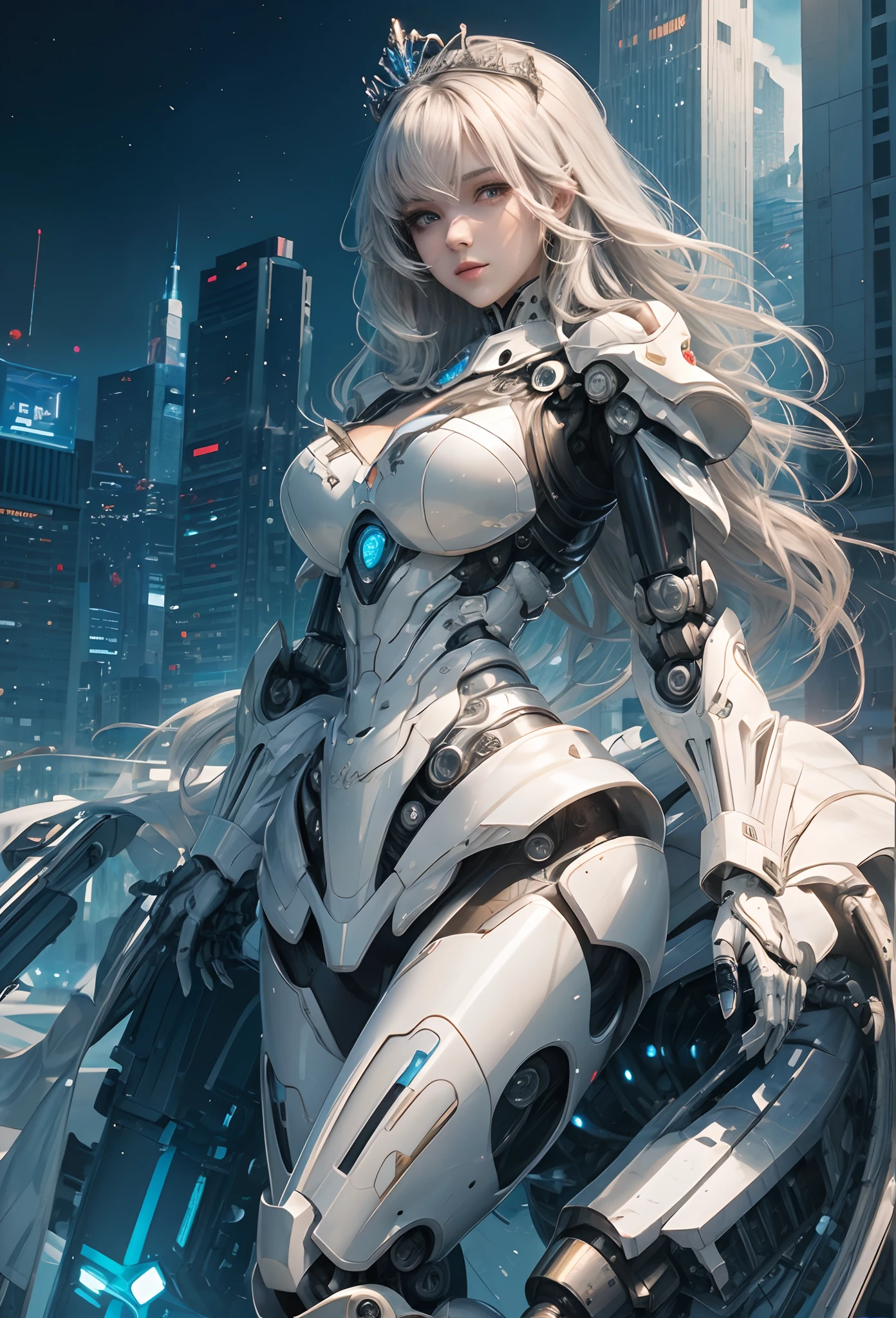 (Detailed illustrations,Very detailed and detailed drawing,Delicate lines with slow and rapid,Realistic texture expression),[Color tressed main line],[Skyscrapers of a modern city can be seen in the distance], ((ANIME)) (Giant white ROBOTGirl SKINNY towering over the building street [Total length 40 meters]),[AUTOMATON] (ROBOT FACE [Luminescent eyes]) [Chain-shaped hair] (Delicate thin fingers) (MACHINEKNIGHT [Titanium skeleton]),[It is called the princess lily of white porcelain] Large crown with large raised shoulder rests (Elegant appearance with a lot of curved surfaces Smooth body surface) (Ruffle Petticoat) [White lily pattern],[[TITANWEAPON]] Mecha Body Metal Skin [Cable running down the body surface [gear wheel]],[Platinum coating],[Science Fiction Mechanical],(Huge feeling),(Intricate and beautiful decoration [Dense detail]),(Fine and beautiful skin expression [Transparency]),[Perfect eye details (Iris beautifully drawn in every detail)[Jewel-like eyes]],[long and beautiful eyelashes],[Meticulously drawn hair [More on beautiful and shiny hair]],(Perfect hand details [Beautiful fingers without breakdowns [Beautiful nails]]),(Perfect Anatomy (Perfectly proportioned)) [[Full body like]],[Ideal color coordination(Accurate simulation of light-material interactions)],(HighQuality,[Precision Detail] hight resolution,(detaileds,high-detail)),[Visual art that conveys a sense of narrative].