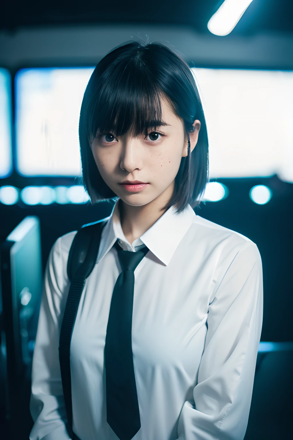 (1girl in),Japan at 25 years old,Medium head of black hair, A little freckles、Black tie,White shirt with long sleeves,Black pants, White complex shaped headphones,Dark in a cyber space lit up in blue,Complex structures in the background、fully body photo、standingn、Amazing face and eyes, ((Best Quality)), (Ultra-detailed), (extremely detailed CG unified 8k wallpaper), Highly detailed, High-definition raw color photos, Professional Photography,