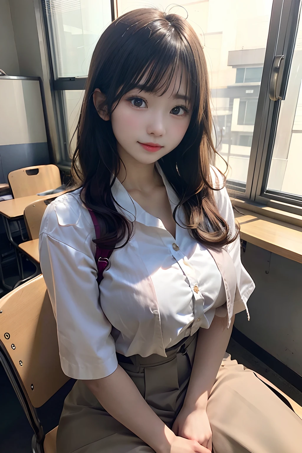 Two Japan Women(22year old、Height 145 cm、huge tit、g-cup) Sitting on a chair in a school classroom The gentle light of the evening is shining in