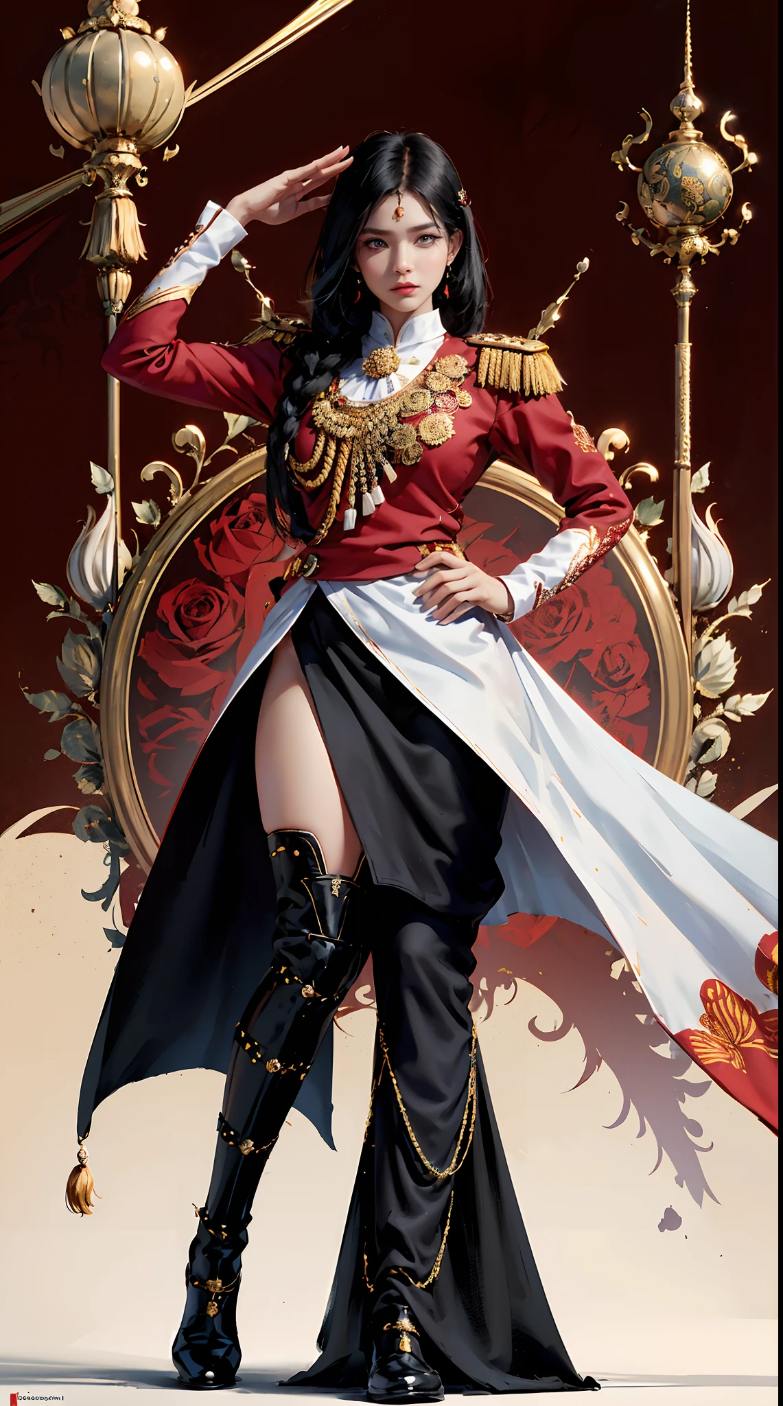 (((Indonesian flag red and white ))) Royal girls , (((elegant pose)))young noble man, black hair,tie hairstyle.  light blue eyes, tall and beauty body posture, sweet face, indonesian noblegril, red and white noble uniform,  His shirt has a royal batik  logo on it. pose holding a rose while saluting the nobleman, Palestinian battlefield background . HD color and balance, dark atmosphere with many effects. (((Black rose))). (((batik effect on the uniform)))