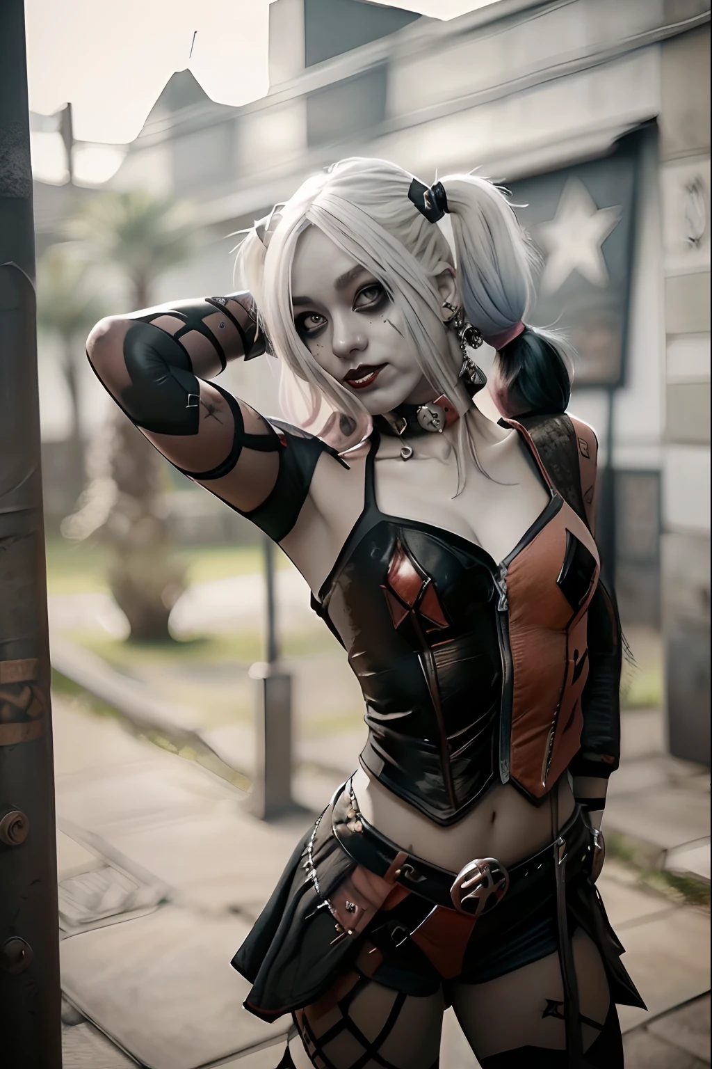 ((Harley Quinn como Garota Punk)), emo,sorriso, tatuagens, (gargalhada), Tosaka、Se mangas moicanas、A tatuagem、🎧、lo gothic_punk, 1girl em, solo, medium shot, ((durante a noite)), bokeh dof, Neon light, olhos iridescentes, starly sky, cabelos loiros com mechas rosa e azul ao estilo Harley Quinn, Sobrancelhas pretas, Cabelos radiantes, brinco, franja, joias, Bluntbangs, Backround desfocado, borrado, adornos de cabelo, pearsing, Olhe para os espectadores, retratos,、lo gothic、(masutepiece), (retrato), (aesthetic), (Beautiful), (loira superior ao estilo Harley Quinn), (alta qualidade), (aesthetic clothing), (Professional angle), (thirds rule), (Feminino), (female), (Beautiful),(feminine features), (18 anos), sozinho, 1 mulher, (Harley Quinn punk encantadora), Invernos, dramatic light, (Standing), Maquiagem preta, batom preto, sombra nos olhos preta;, (face frontal), (Challenging Expression), ((desafio)), (Jaquetas de couro e tatuagens), ((short hair)), (tingido (e.G. e rosas), (cabelos grossos), Cabelos foscos com brilho, (Faixas de cabelo espalhadas no cabelo), (Visual arrojado e arrojado), (pale skin), (Roupas escuras), (camiseta de banda), (ripped jeans), (-), Crew neckline), ((Fundo do beco urbano)), (tiro de perto), beautiful hands, normal hands, two arms, Complete hands, Corpo bonito, Dedos bonitos, dedos normais, cinco dedos, cinco dedos, (Polegar, dedo indicador, dedo anelar), Orelhas bonitas, orelhas normais, Olhos bonitos, olhos brilhantes, Boca bonita, beautiful lips,