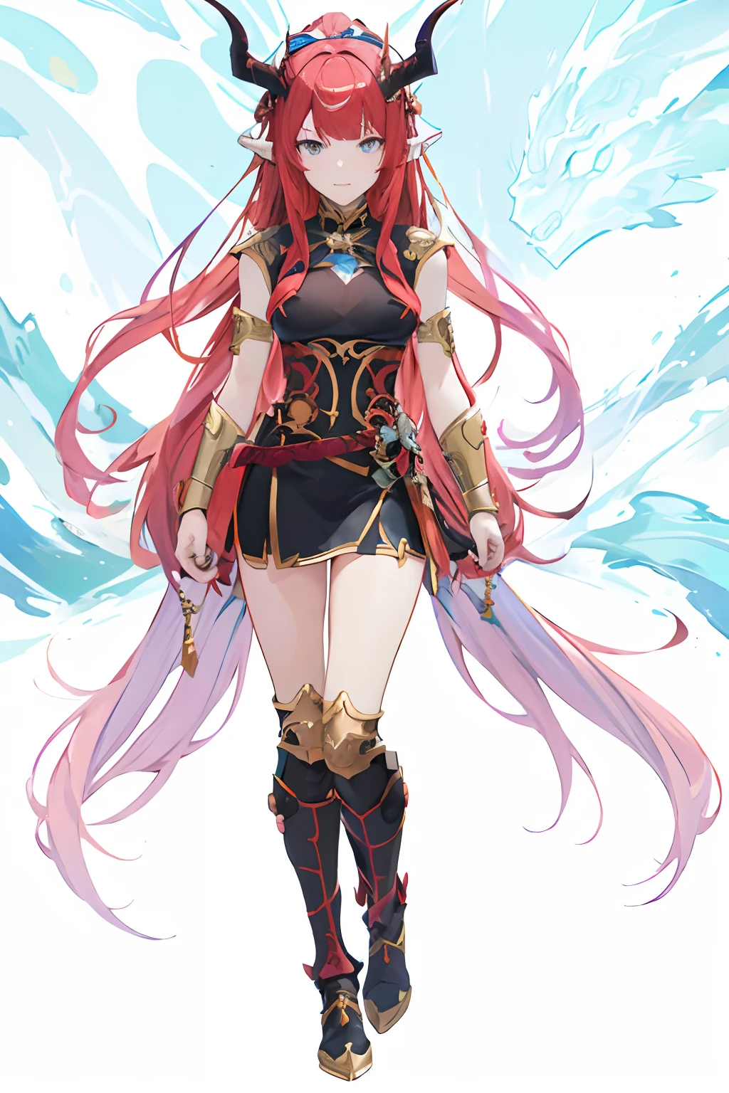 a woman with long red hair and horns walking in front of a blue background, keqing from genshin impact, ayaka genshin impact, ayaka game genshin impact, zhongli from genshin impact, genshin impact character, shadowverse style, cushart krenz key art feminine, full portrait of elementalist, portrait knights of zodiac girl