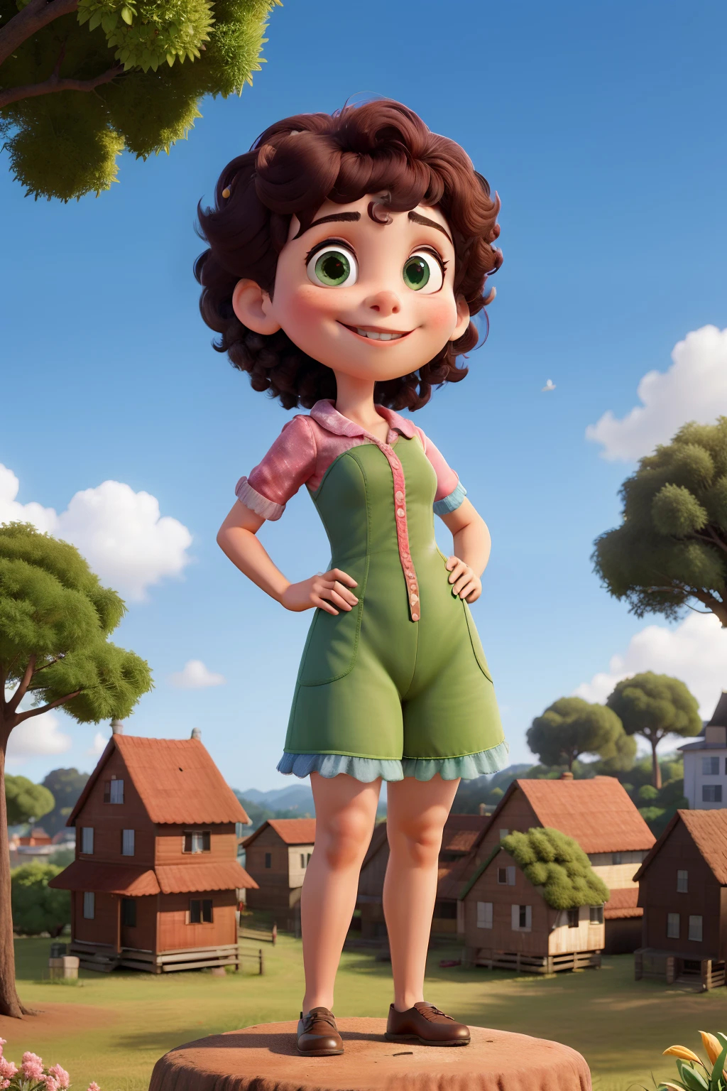 The backdrop is a city, perfeita de cabelos castanhos,vestido de bolinhas rosa, cabelos curto, olhos verdes, acima do peso, sorridente, night core, Standing in a tree, Olhando para as estrelas, rosto super detalhado com manchinhas e um pouco de olheira.