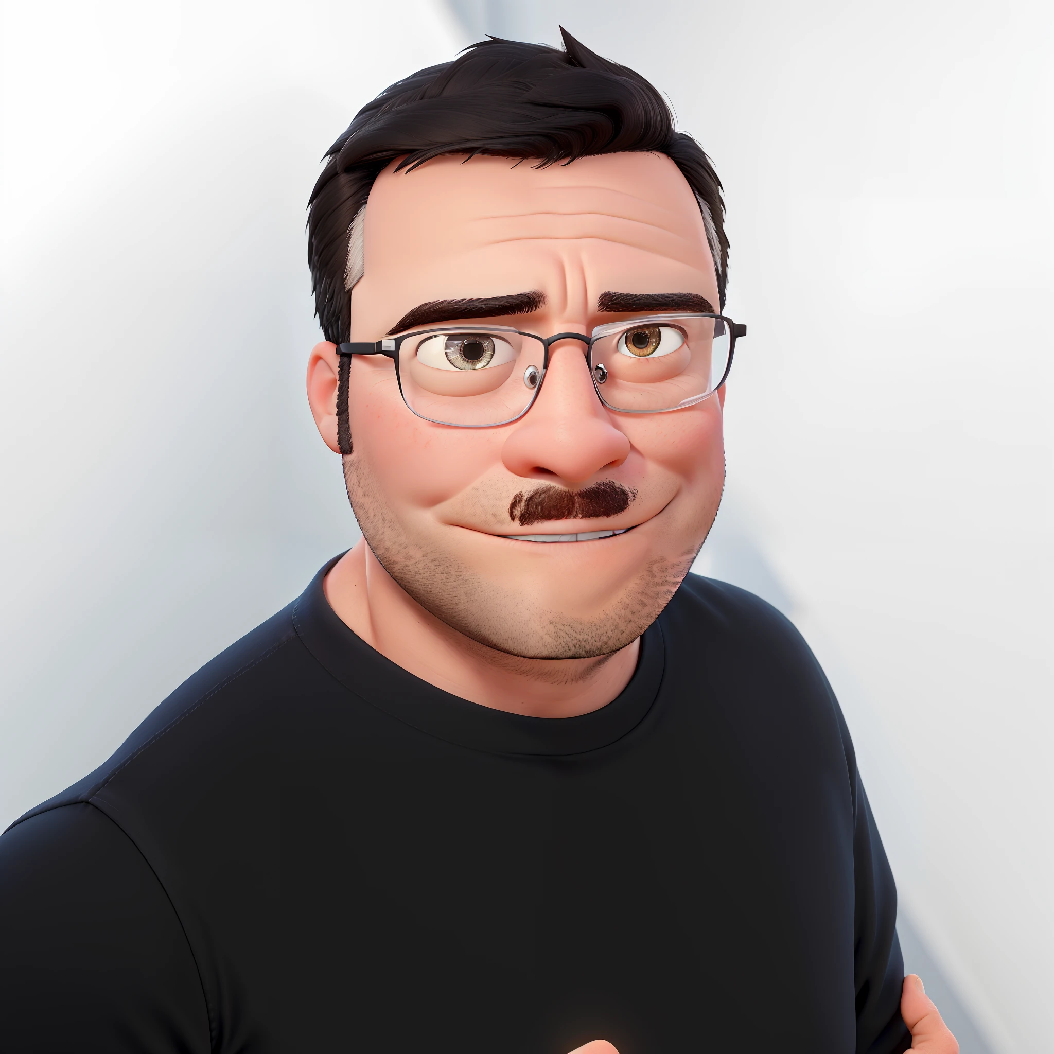 makes a post with the title Disney pixar style, young Brazilian, 33 years old, 1.66 tall, white skin, black eyes, wears glasses, a little fat with a bit of a forelock, businessman profession, is wearing a black shirt with jeans, is next to a car, with a cell phone at Disney