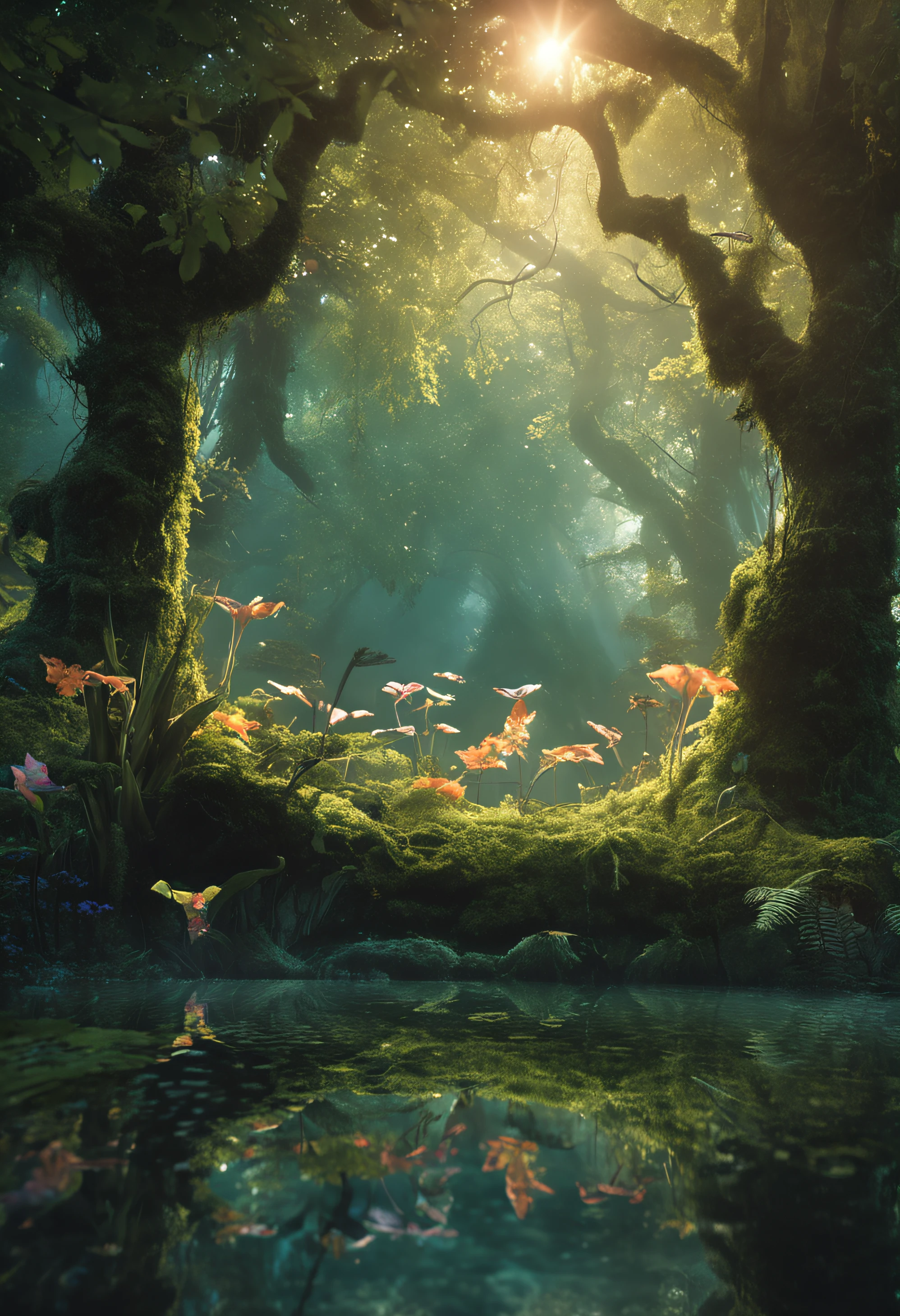/imagine prompt: A whimsical forest teeming with mythical creatures, unicorn prancing alongside streams glittering with silvery fish, vast woodland carpeted with luminescent moss under a canopy of ancient, towering oaks, a serene yet otherworldly aura permeates every inch, misty air filled with the sweet scent of blooming nightshade and hints of a mysterious allure, dappled sunlight peeking through dense foliage, casting playful patterns on the ground below, with rays occasionally catching the wings of a flitting fairy --ar 3:2 --c 12 --s 420 --q 2.