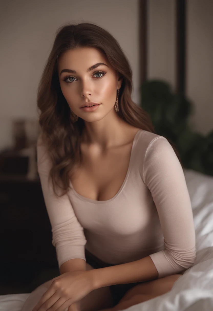 arafed woman fully , sexy girl with brown eyes, ultra realistic, meticulously detailed, portrait sophie mudd, brown hair and large eyes, selfie of a young woman, bedroom eyes, violet myers, without makeup, natural makeup, looking directly at the camera, face with artgram, subtle makeup, stunning full body shot kneeling on bed, in bedroom, medium to large size bust