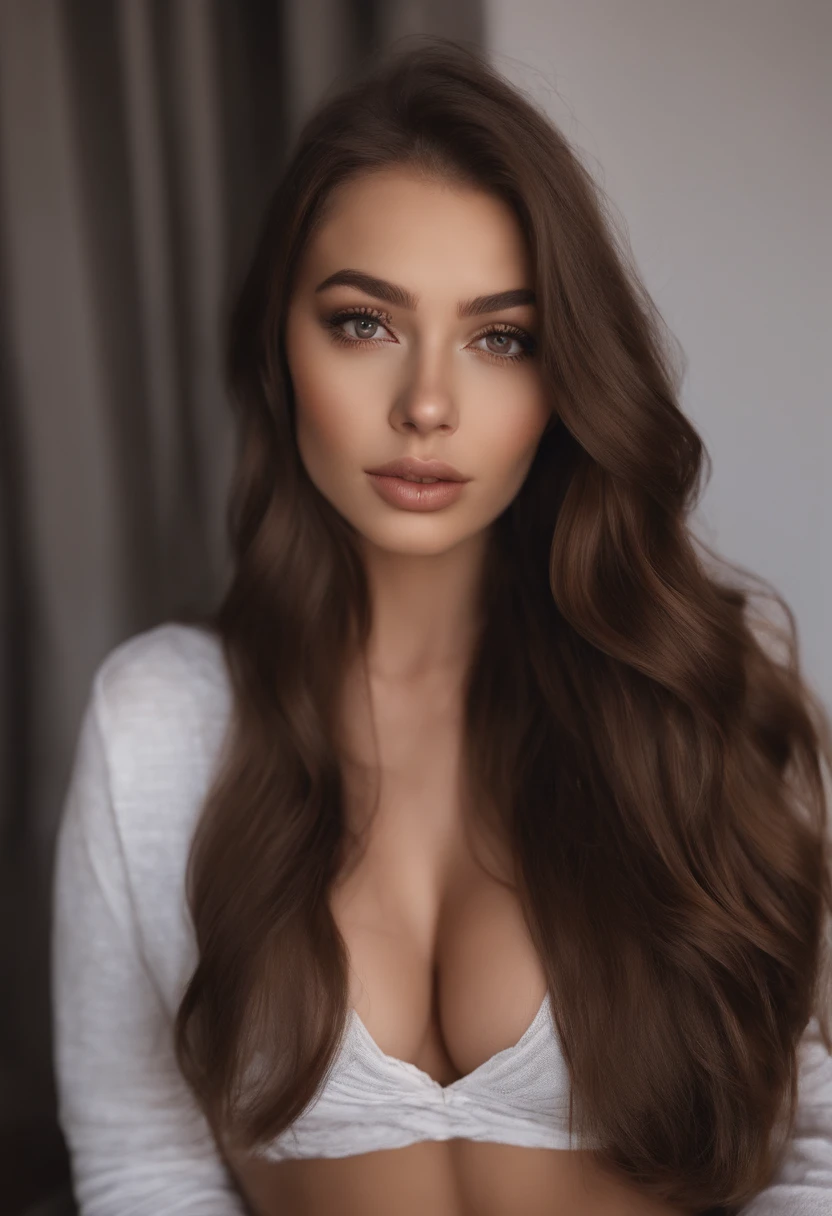 arafed woman fully , sexy girl with brown eyes, ultra realistic, meticulously detailed, portrait sophie mudd, brown hair and large eyes, selfie of a young woman, bedroom eyes, violet myers, without makeup, natural makeup, looking directly at the camera, face with artgram, subtle makeup, stunning full body shot kneeling on bed, in bedroom, medium to large size bust