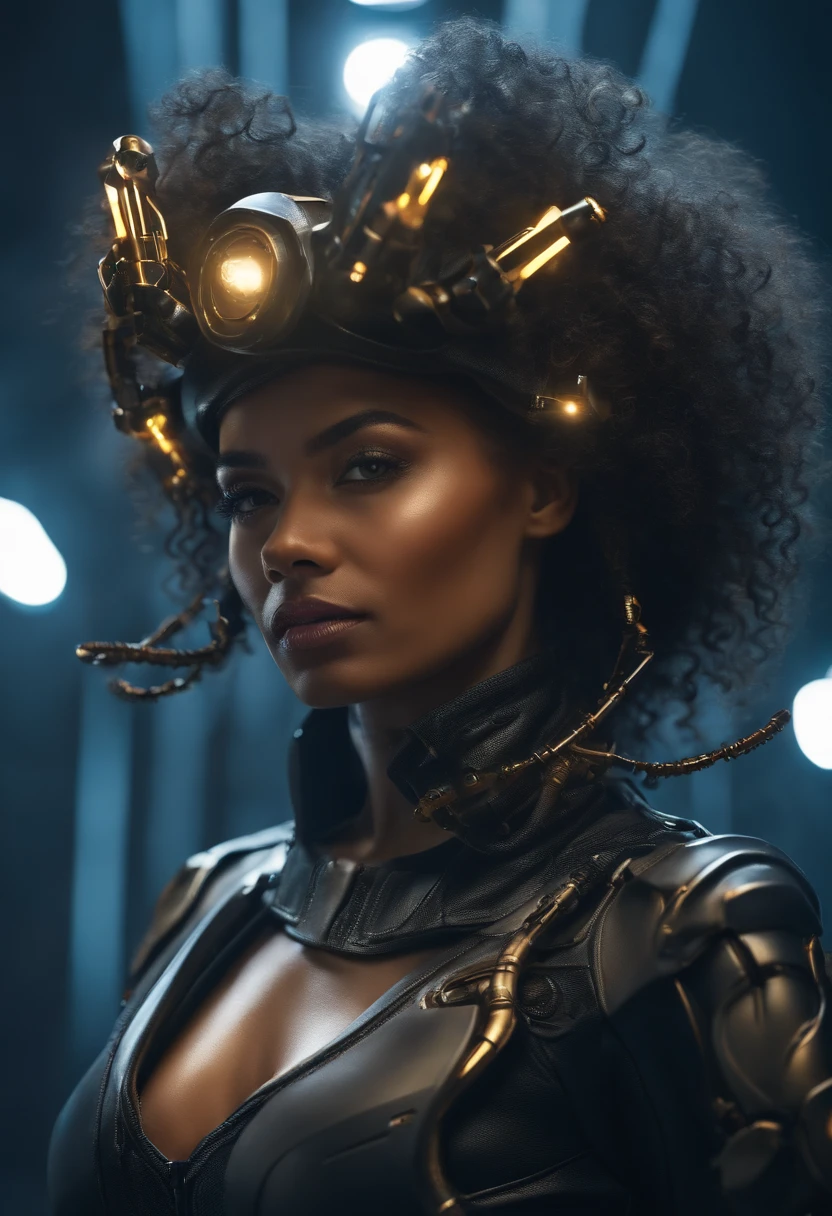 Futuristic portrait of American businesswoman with drill bit, Regal ring, Corkscrew curls, Sci-fi, techwear outfits, Glowing lights, Looking directly at, symetry, Depth of field, Intricate, elegant, Highly detailed,