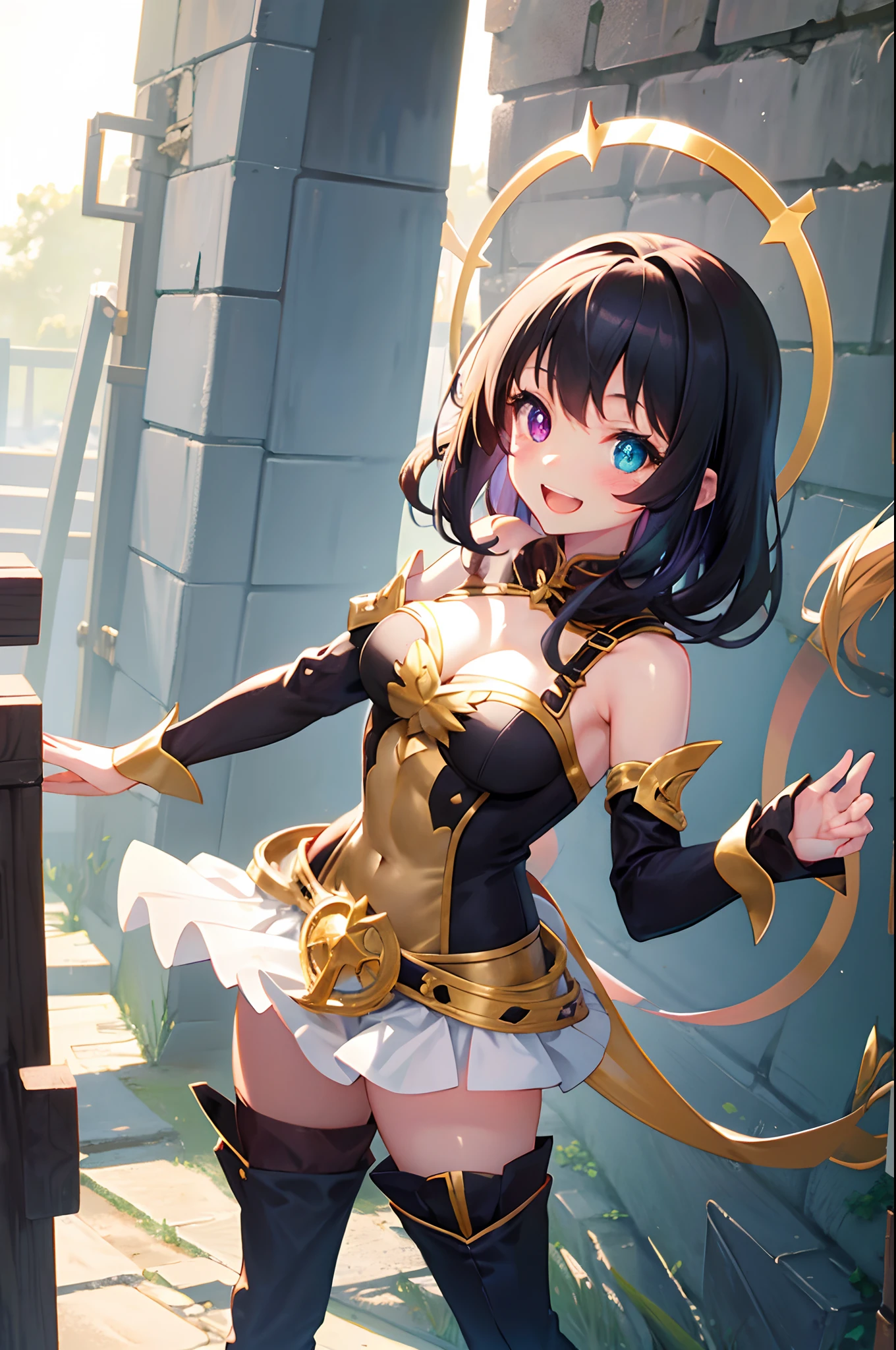 girl,Beautiful breasts,Smile with open mouth,A dark-haired,Twin-tailed,Adventurer Costume,Heterochromia,Top image quality,Best Quality