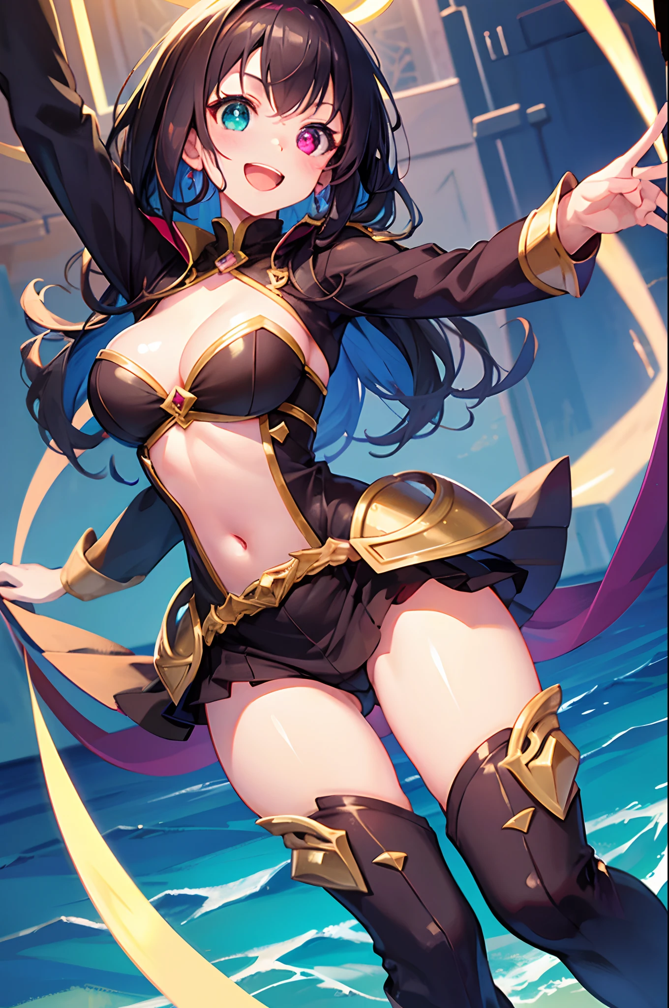  girl,Beautiful breasts,Smile with open mouth,A dark-haired,Twin-tailed,Adventurer Costume,Heterochromia,Top image quality,Best Quality