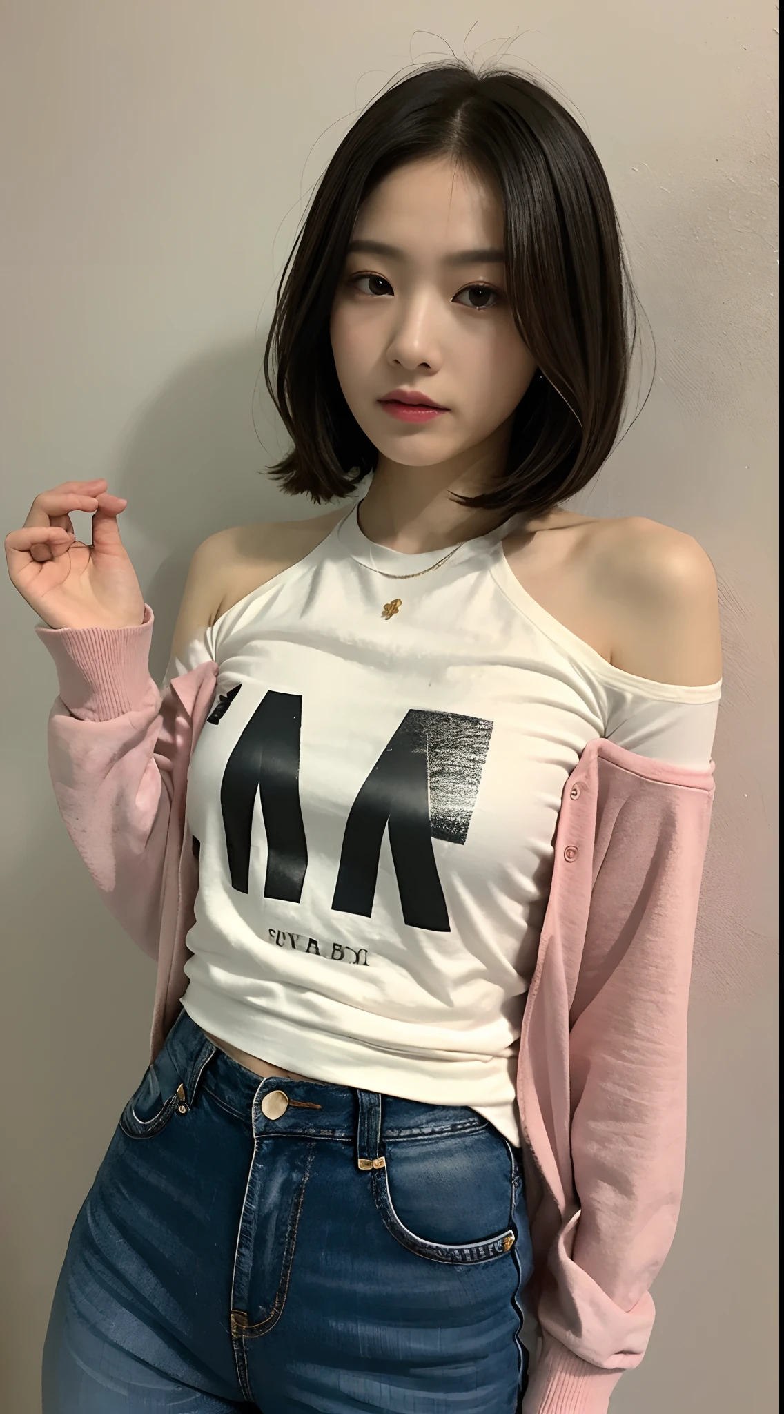 masterpiece, Highest quality, Very detailed, 8k, Realistic, One Girl, alone, Tomboy, Very detailed face, (head shot:1.5), Standing in front of a wall covered in hip hop graffiti, Pixie cut white hair, He is wearing a short tank top and an open-zipped hoodie....,I can see your chest,Nice ass,Wear a New Era cap, Off the shoulder