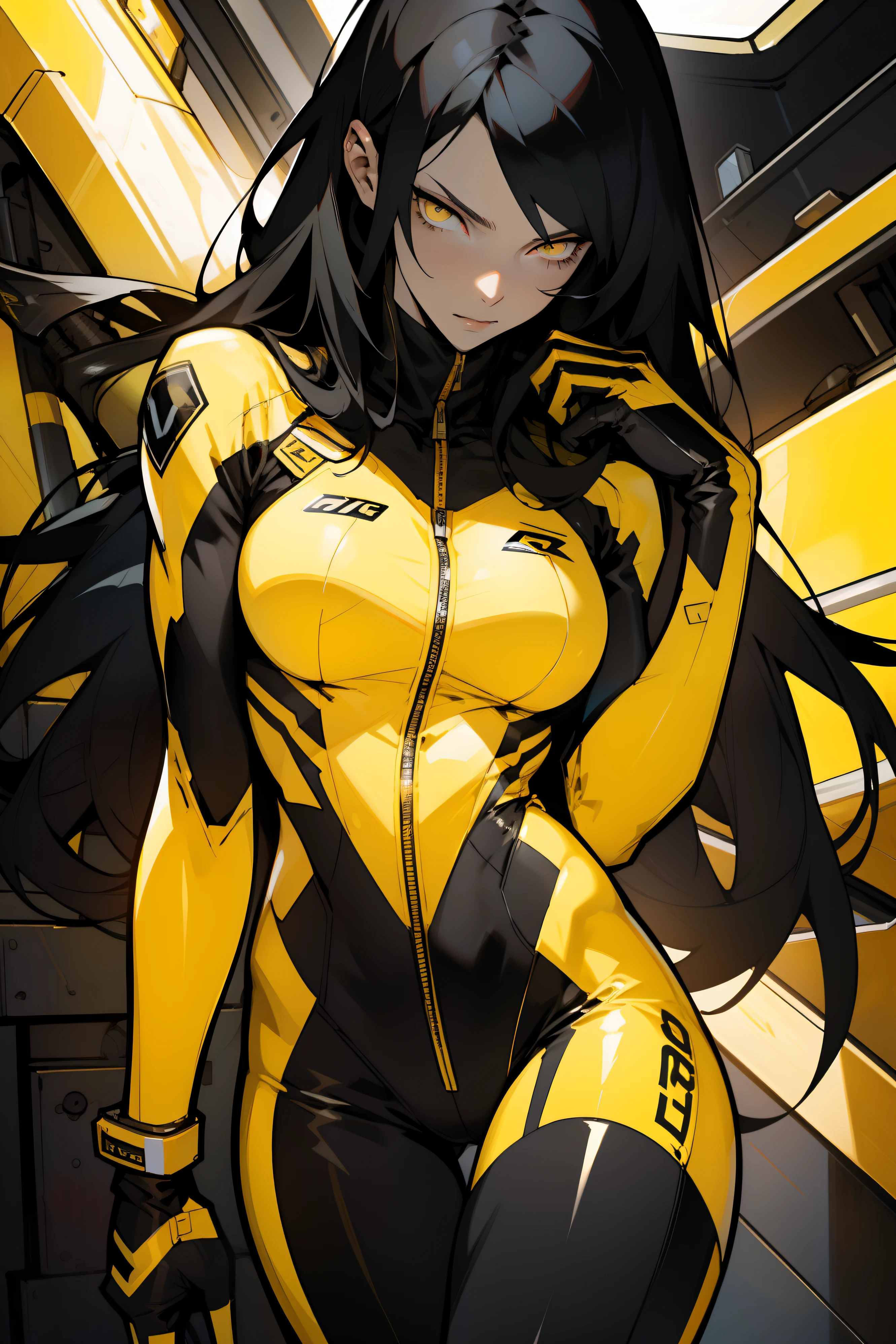 1 girl, black hair, yellow eyes, very long hair, pale skin, fit body, slender body, slim waist, large breasts, (confident expression), pilot suit, thigh gap