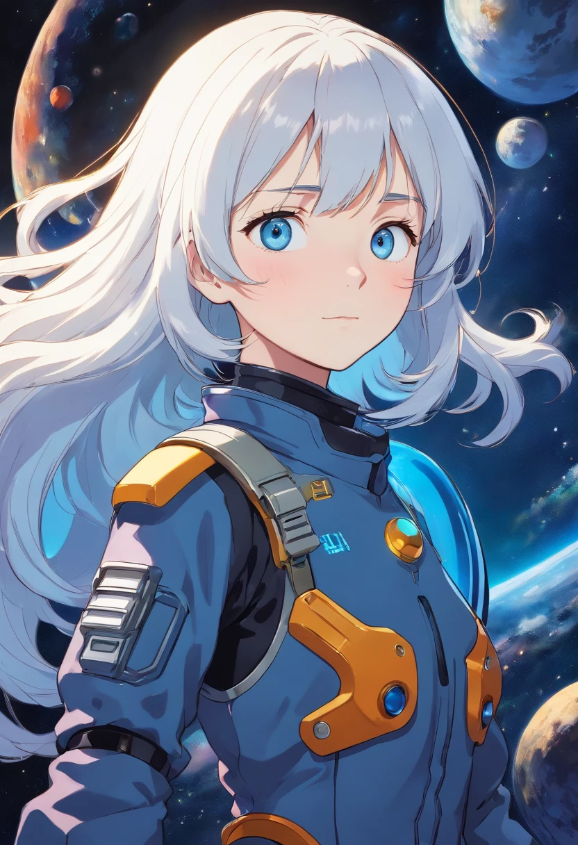Woman with ,golden white hair,Blue eyes,,,black spacesuit