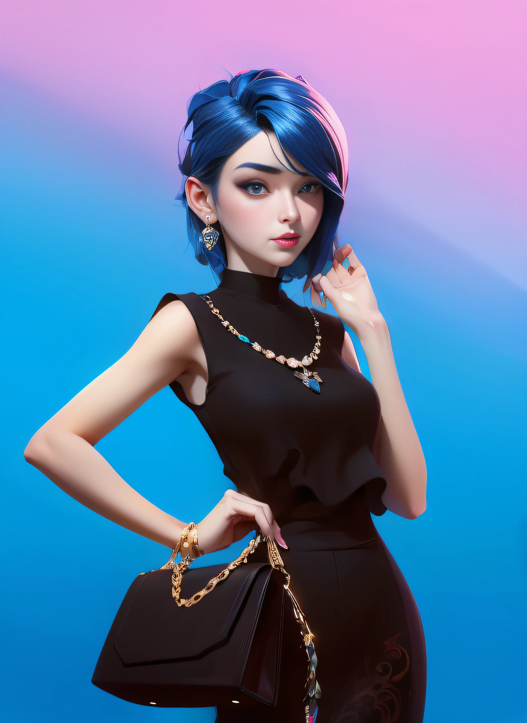 Arrafi woman，Blue hair and a black dress，holding a purse, digital art of an elegant, in style of digital illustration, 3 D rendering character art 8 K, stunning art style, Anime style. 8K, Cartoon style illustration, anime styled 3d, stylized portrait formal pose, Stylized digital art, stunning digital illustration, 2D illustration