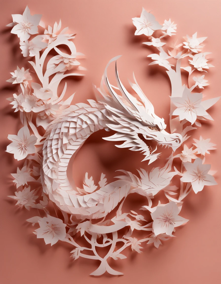 Multi-dimensional paper ,product display photograph, , Use two-color paper ,Close-up of the dragon god origami handicrafts, Colored paper,dramatic lights