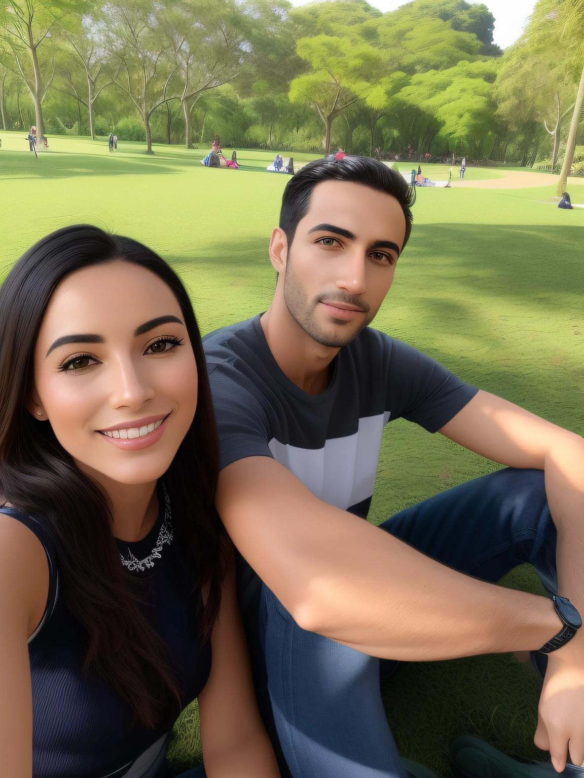 There are two people sitting on the grass of the park, em um parque, no parque em um belo dia, no parque, em um parque, no Parque, com um parque ao fundo, em um parque da cidade, Fotografia selfie 8k, Parque em segundo plano, Directed by: estilo disney pixar, com um parque nos fundos