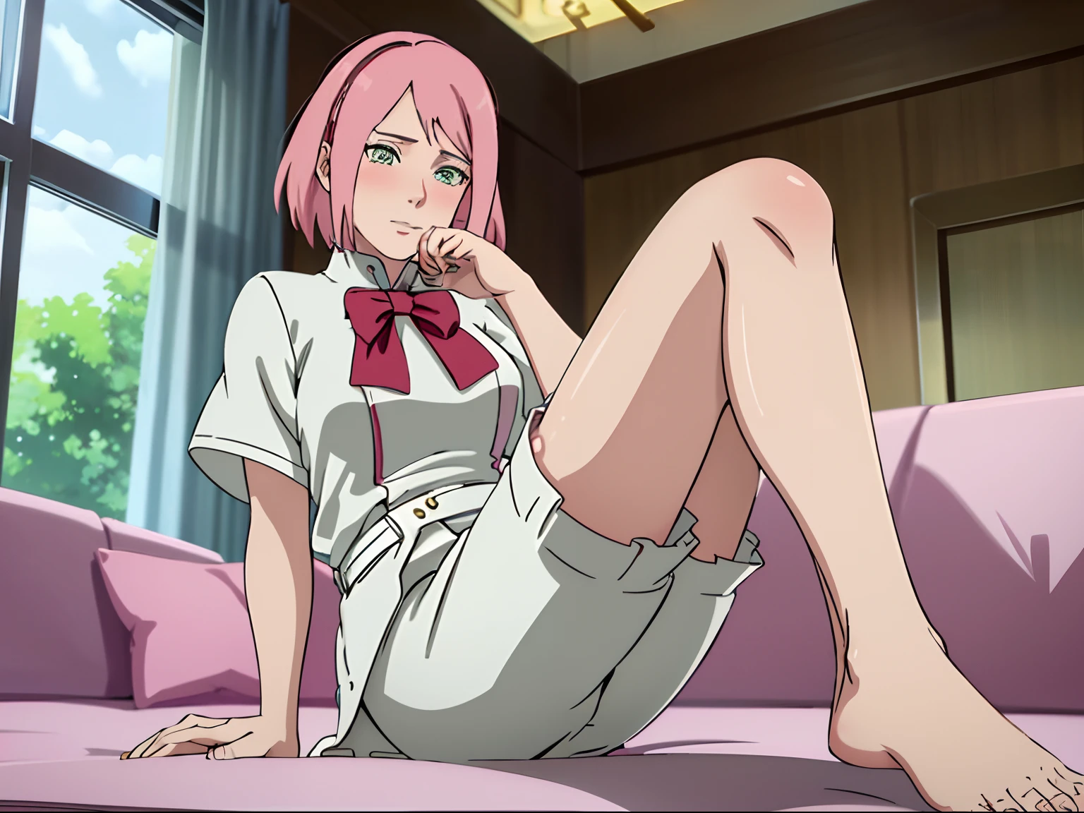 (Best quality:1.3), ，One guy，,Medium breasts, White color blouse, short denim skirt, angle of view, Be red in the face，Blush 1.5，inside in room，liveroom，Sitting，Show off your thighs，Particularly heavy blush，Pose while lying on the couch，pink short hair，One leg up，Hold your legs with both hands，