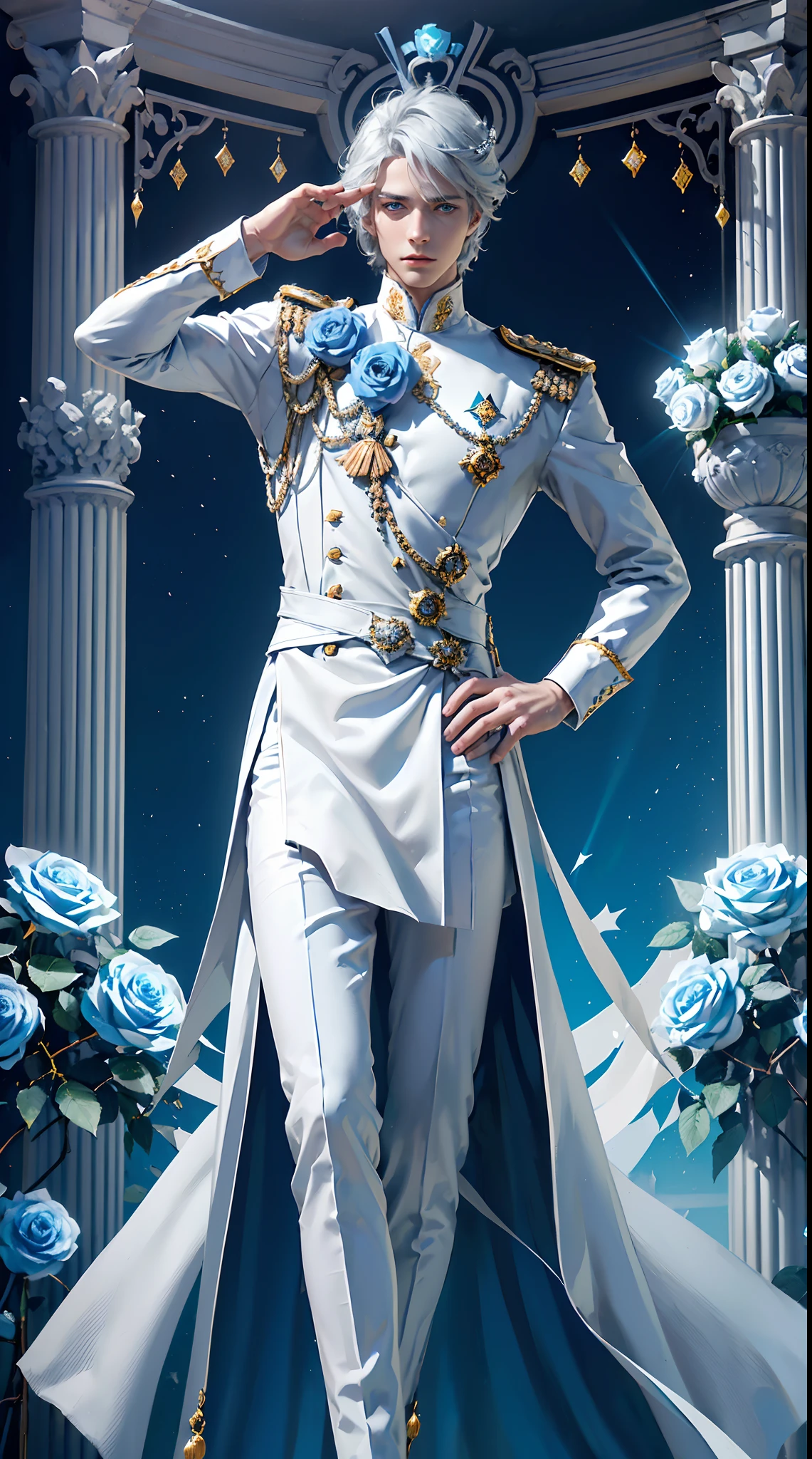 Royal man, (((elegant pose)))young noble man, silver hair, light blue eyes, tall and handsome body posture, handsome face, European nobleman, white noble uniform, His shirt has a royal unicorn logo on it. pose holding a rose while saluting the nobleman, mansion background. HD color and balance, dark atmosphere with many effects. (((Blue rose))).(((Palestinian flag background)