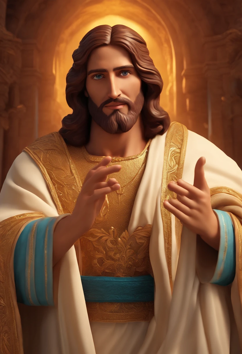 Jesus Cristo coroando um menino bonito, Estilo Pixar, ....3d, desenhos animados, rosto detalhado, asymmetrical 16k