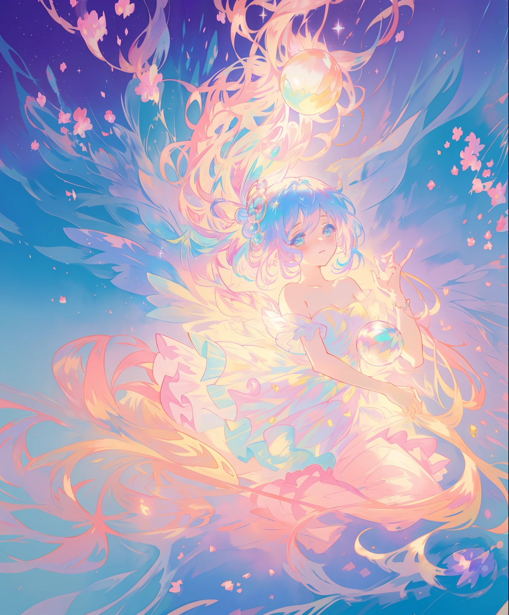 beautiful anime girl, ((puffy shimmering multi-layered ballgown)), vibrant pastel colors, (colorful), long flowing hair, magical lights, sparkling magical liquid, whimsical, magical, fantasy, ((masterpiece, best quality)), intricate details, highly detailed, sharp focus, 8k resolution, sparkling detailed eyes, liquid watercolor
