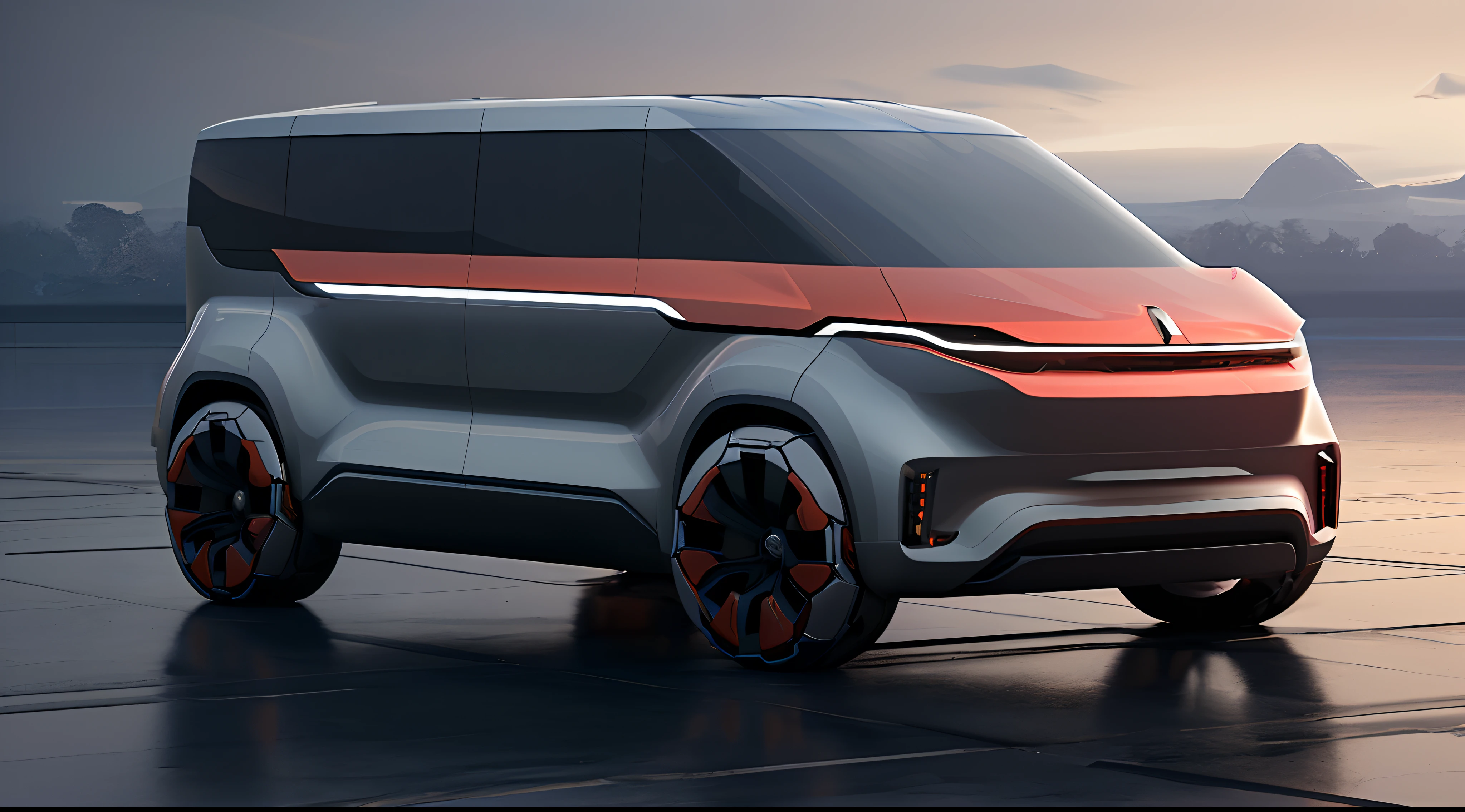 a close up of a silver van parked in a studio, glass and metal : : peugot onyx, van, trending on vehicle design, wide angle exterior 2022, renault, vehicle concept photo!!, vehicle design, trending on interfacelift, caravagio, hydrogen fuel cell vehicle, vehicle, vehicle profile, transportation design render, snake van, tgv, hd digital render, v-ray 8k uhd, official product image, rendering of checkmate, sleek streamlined design, concept image, concept automobile design, award-winning render, new vehicle, cgi render, renault ultimo, aerodynamic design, discovery one, niea 7, viktor antonov concept art, concept ard, digital conceptl art --ar 16:9 --v 5.2