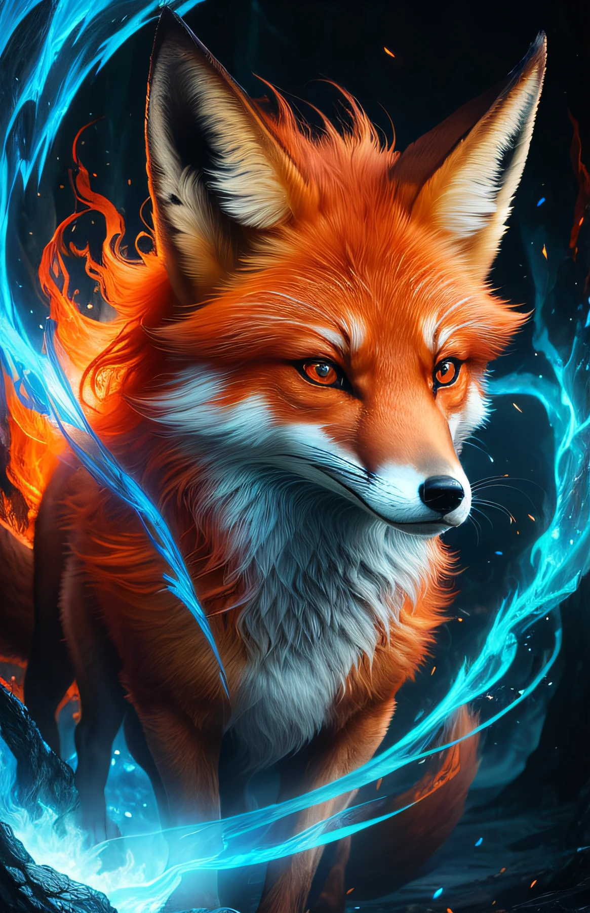 (((work of art))), better quality, detailed CG illustration, mystical and mysterious figure of a fox, orange hair, burning eyes, fierce and intimidating expression, soft tones, with the power of blue rays, surrounded by blue rays in an angry pose