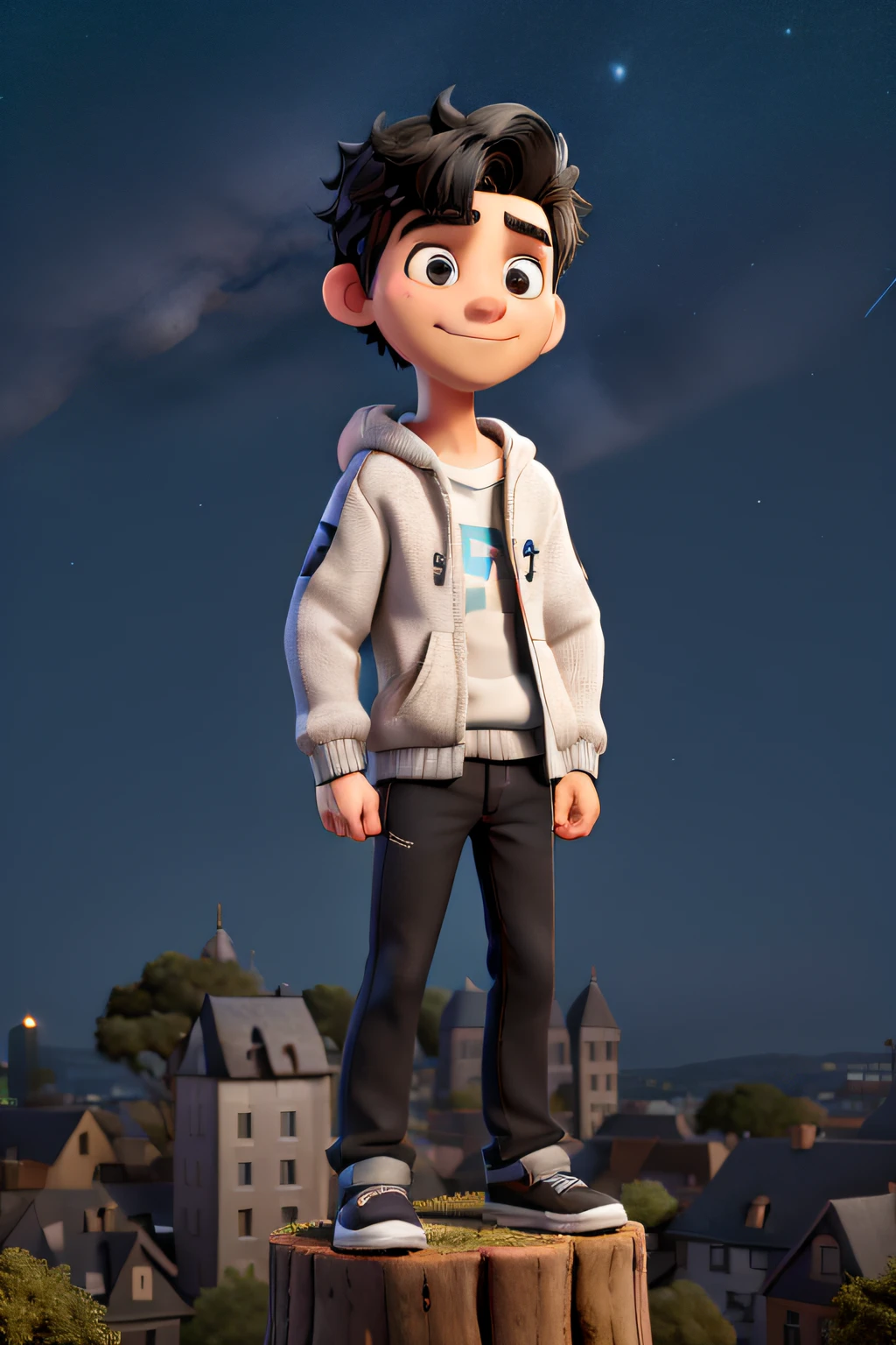 The background is a city, Perfect boy with black hair,hoody, short hair, greene eyes, super heavy, ssmile, Night Core, Stand on a tree, looking at the stars, Super detailed face,There are blemishes and a little dark circle under the eyes.