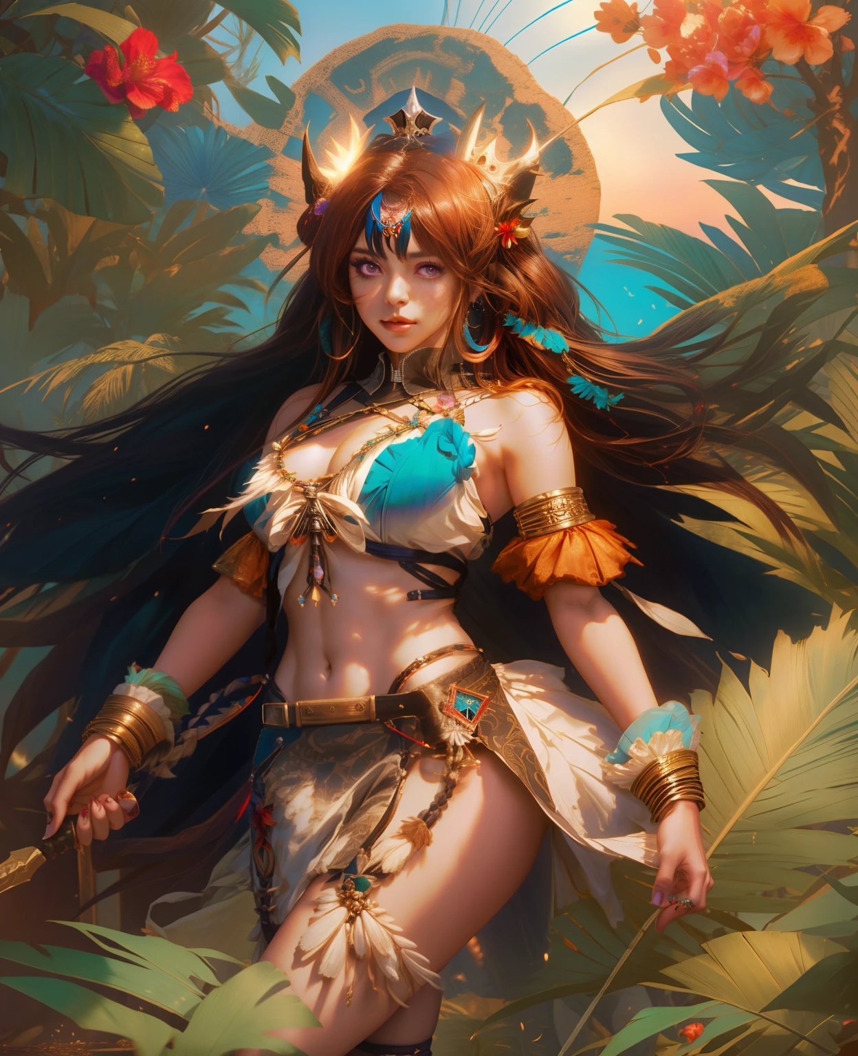A stunning braid hair Amazon warrior performs a traditional dance under the moonlight, surrounded by the shadowy greenery of the jungle. She wears a beautifully intricate traditional outfit made of feathers, beads, and animal skins, which glisten in the silvery light. Her movements are energetic and graceful as she dances around a central bonfire, which crackles and sends up sparks into the night sky. The scene is filled with the sounds of drums and festive music, and other tribe members watch in admiration. The moonlight casts an ethereal glow on her and the surroundings, creating a mystical and enchanting atmosphere,(((Female genitalia))),((( pubic hair))),(((naked))),((( Photo taken from below))),
