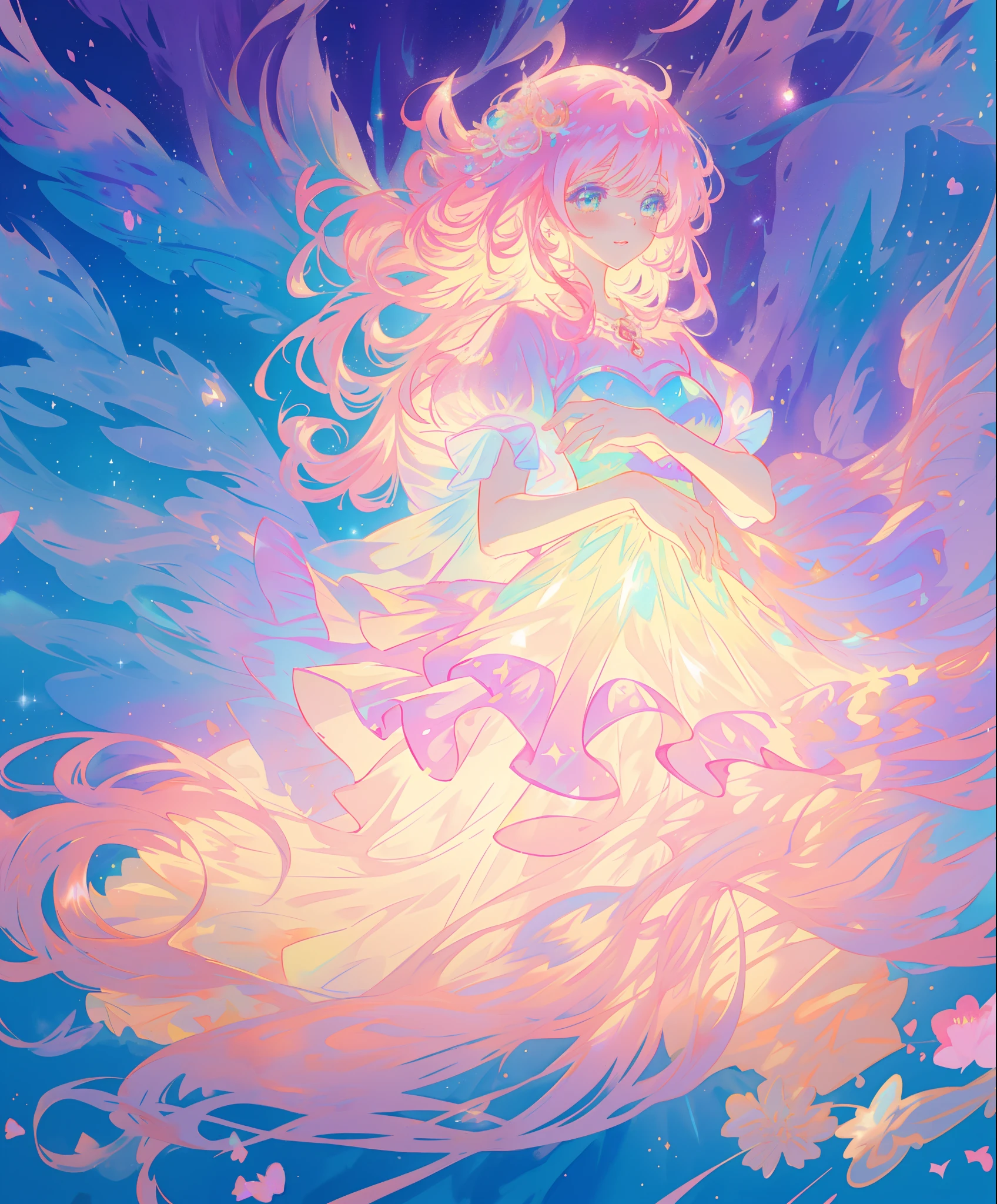 beautiful anime girl, ((puffy shimmering multi-layered ballgown)), vibrant pastel colors, (colorful), long flowing hair, magical lights, sparkling magical liquid, whimsical, magical, fantasy, ((masterpiece, best quality)), intricate details, highly detailed, sharp focus, 8k resolution, sparkling detailed eyes, liquid watercolor