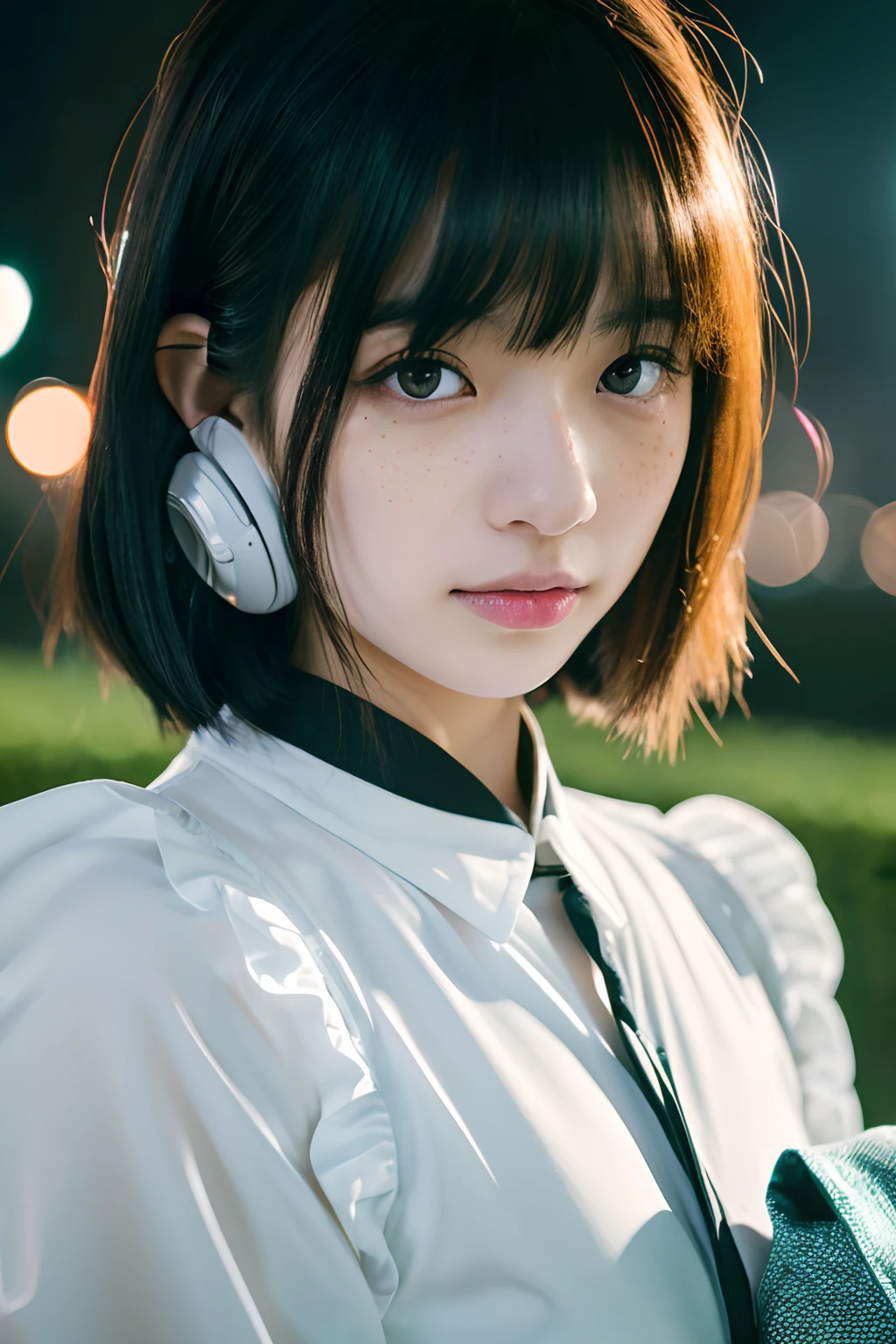 (1girl in),Japan at 25 years old,Medium black hair with a little green mesh color、 A little freckles、Black tie,White shirt with long sleeves,Long black pants, Standing full-body photo、White complex shaped headphones,Light up in blue、Cyber city at night、Amazing face and eyes, ((Best Quality)), (Ultra-detailed), (extremely detailed CG unified 8k wallpaper), Highly detailed, High-definition raw color photos, Professional Photography,