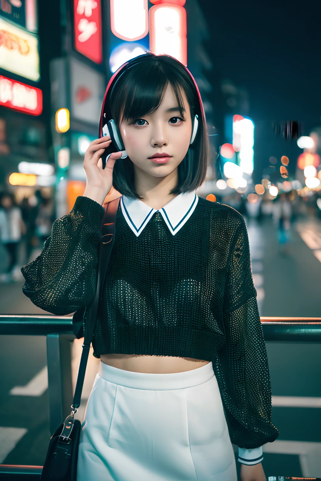 (1girl in),Japan at 25 years old,Medium black hair with a little green mesh color、 A little freckles、Black tie,White shirt with long sleeves,Long black pants, Standing full-body photo、White complex shaped headphones,Light up in blue、Cyber city at night、Amazing face and eyes, ((Best Quality)), (Ultra-detailed), (extremely detailed CG unified 8k wallpaper), Highly detailed, High-definition raw color photos, Professional Photography,