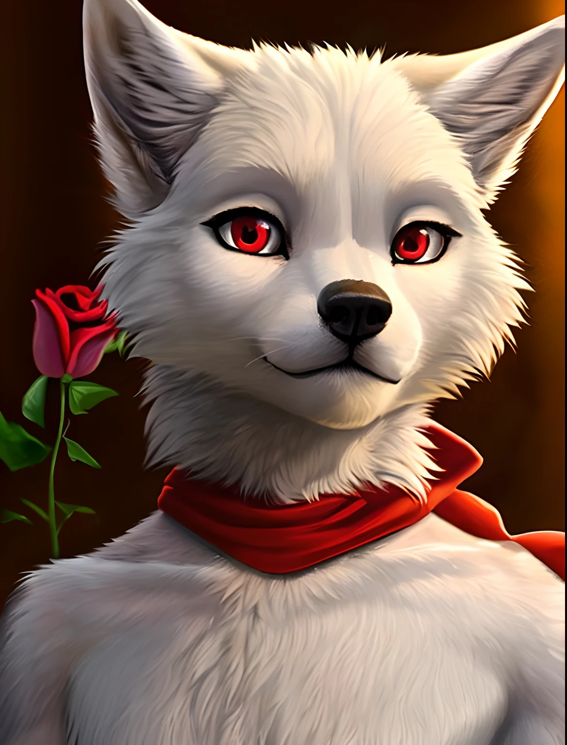 cinematic lighting, detailed background, depth of field, solo, (best quality, ultra detailed, sharp:1.3), masterpiece, 8k, 4k, solo, ((hyper realistic)), natural lighting, extremely detailed fur, windy background, detailed eyes, red eyes, (wolf), (red scarf), ((realistic)), sfw, ((by Katie Hofgard)), Katie hofgard, (((anthro))), ((female)), looking at viewer, ((white fur)), (Wolf), (canine), ((red eyes)), Rose, holding a rose, (((sfw))), flat chested