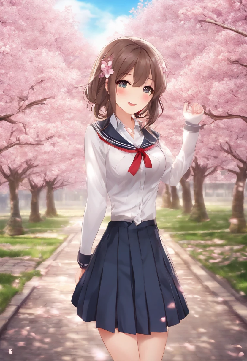 High quality picture of a beautiful school girl. Large breasts, wearing a school uniform, blushing and smiling sensually. 1 girl, outside, cherry blossoms, ultra high quality.