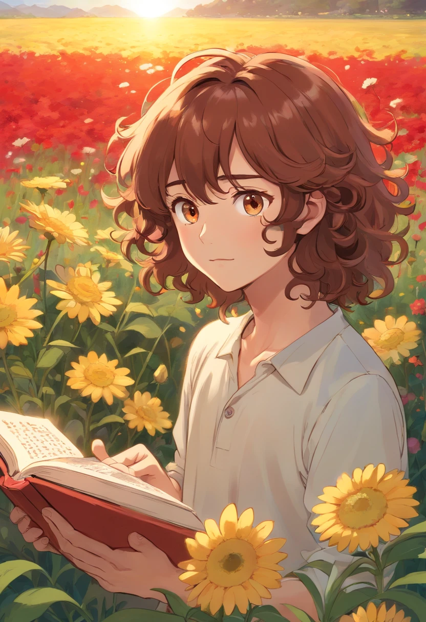 pretty, tall, handsome, curly brown hair, brown eyes, outside in a flower field, reading a book while the sun glimmers down above him, red tint in hair, curly hair, curly brown hair, tall handsome 18 yr old
