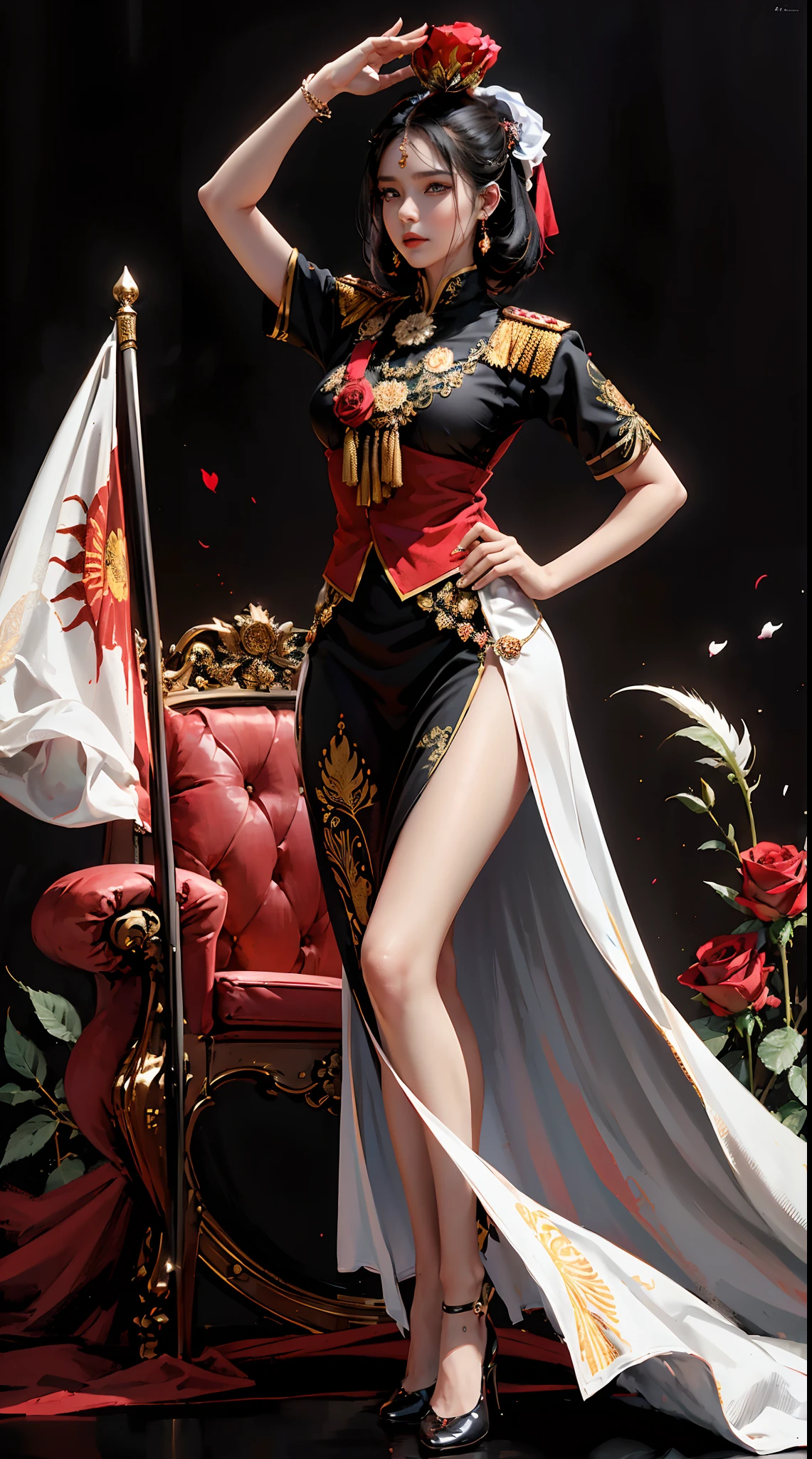(((Indonesian flag red and white ))) Royal girls , (((elegant pose)))young noble man, black hair,tie hairstyle. light blue eyes, tall and beauty body posture, sweet face, indonesian noblegril, red and white noble uniform, His shirt has a royal batik logo on it. pose holding a rose while saluting the nobleman, Palestinian battlefield background . HD color and balance, dark atmosphere with many effects. (((Black rose))). (((batik effect on the uniform)))
