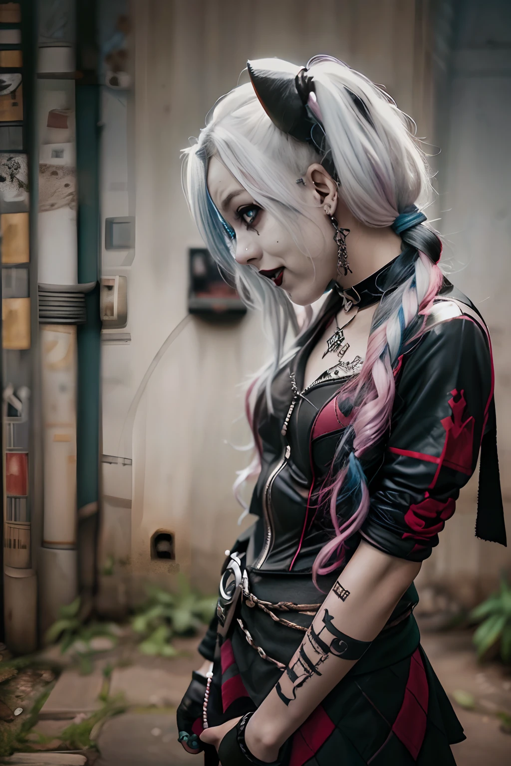 ((Harley Quinn como Garota Punk)), saia emo,sorriso, tatuagens, (gargalhada), Tosaka、Se mangas moicanas、A tatuagem、🎧、lo gothic_punk, 1girl em, solo, medium skirt  ((durante a noite)), bokeh dof, Neon light, olhos iridescentes, starly sky, cabelos loiros com mechas rosa e azul ao estilo Harley Quinn, Sobrancelhas pretas, Cabelos radiantes, brinco, franja, joias, Bluntbangs, Backround desfocado, borrado, adornos de cabelo, pearsing, Olhe para os espectadores, retratos,、lo gothic、(masutepiece), (retrato), (aesthetic), (Beautiful), (loira superior ao estilo Harley Quinn), (alta qualidade), (aesthetic clothing), (Professional angle), (thirds rule), (Feminino), (female), (Beautiful),(feminine features), (18 anos), sozinho, 1 mulher, (Harley Quinn punk encantadora), Invernos, dramatic light, (Standing), Maquiagem preta, batom preto, sombra nos olhos preta;, (face frontal), (Challenging Expression), ((desafio)), (Jaquetas de couro e tatuagens), ((short hair)), (tingido (e.G. e rosas), (cabelos grossos), Cabelos foscos com brilho, (Faixas de cabelo espalhadas no cabelo), (Visual arrojado e arrojado), (pale skin), (Roupas escuras), (camiseta de banda), (ripped jeans), Crew neckline), ((Fundo do beco urbano)), (tiro de perto), beautiful hands, normal hands, two arms, Complete hands, Corpo bonito, Dedos bonitos, dedos normais, cinco dedos, cinco dedos, (Polegar, dedo indicador, dedo anelar), Orelhas bonitas, orelhas normais, Olhos bonitos, olhos brilhantes, Boca bonita, beautiful lips,